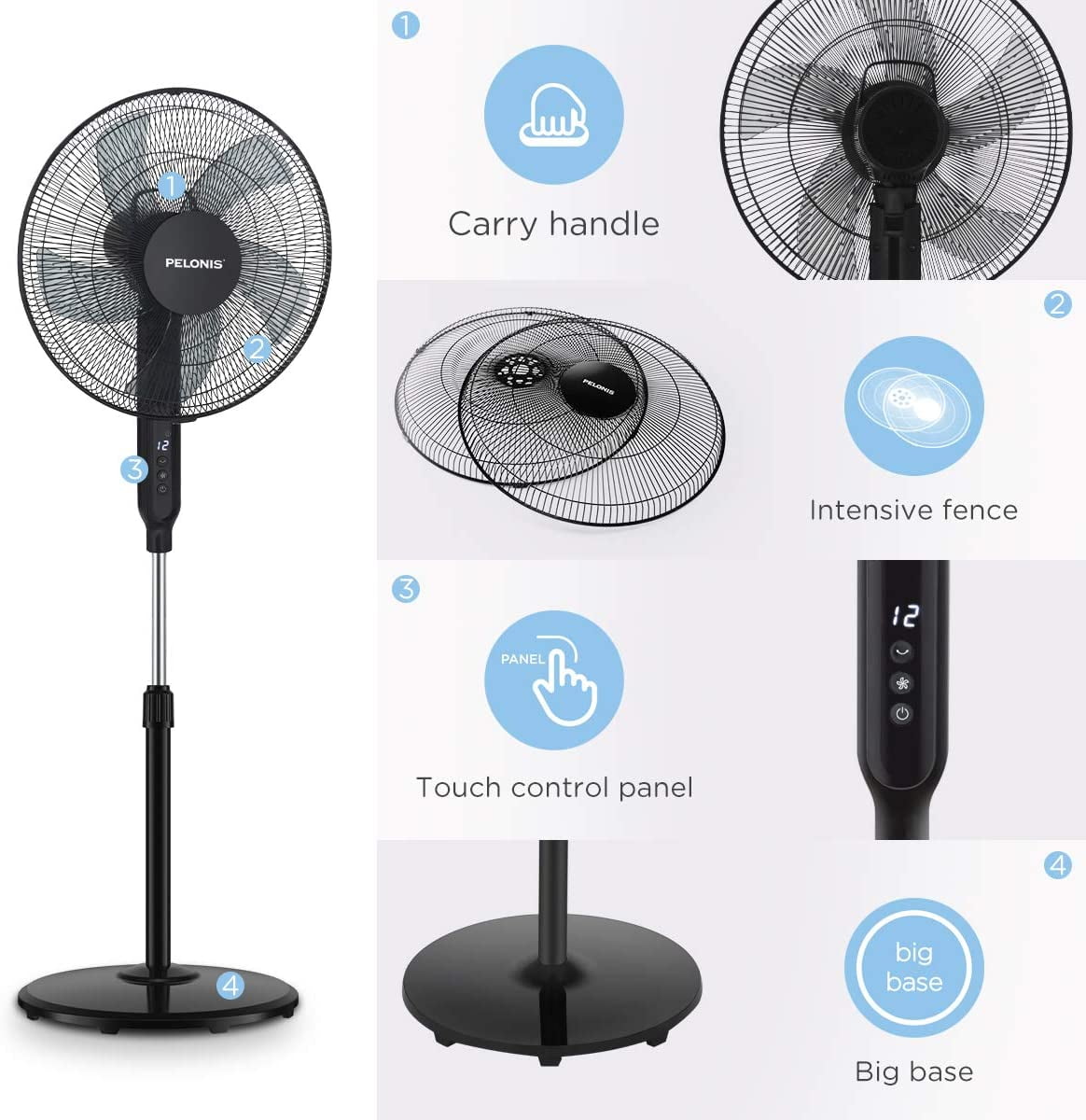 Pelonis 16 Inch Pedestal Standing Fan with Remote Control and DC Motor (Black, 16 in) 3aapx