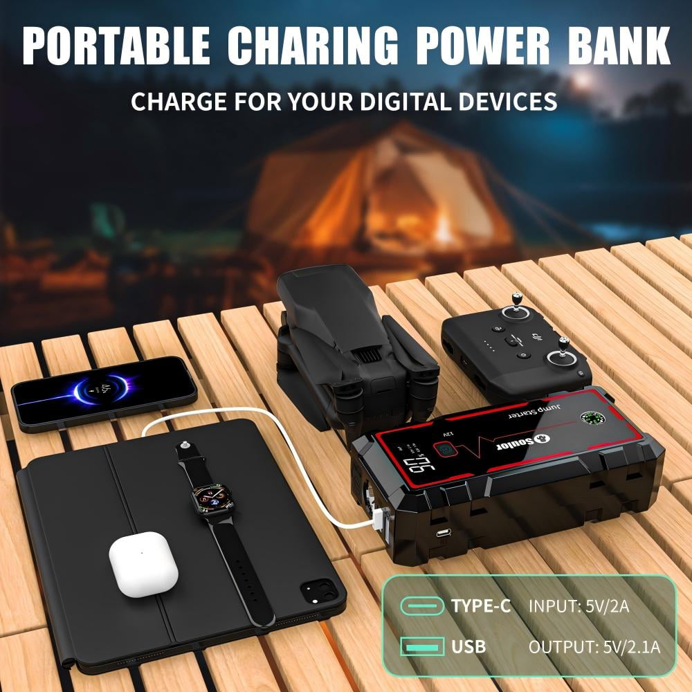 Soulor 3000A Portable Car Battery Jump Starter with Dual USB Power Bank (Black, 12V) hf722