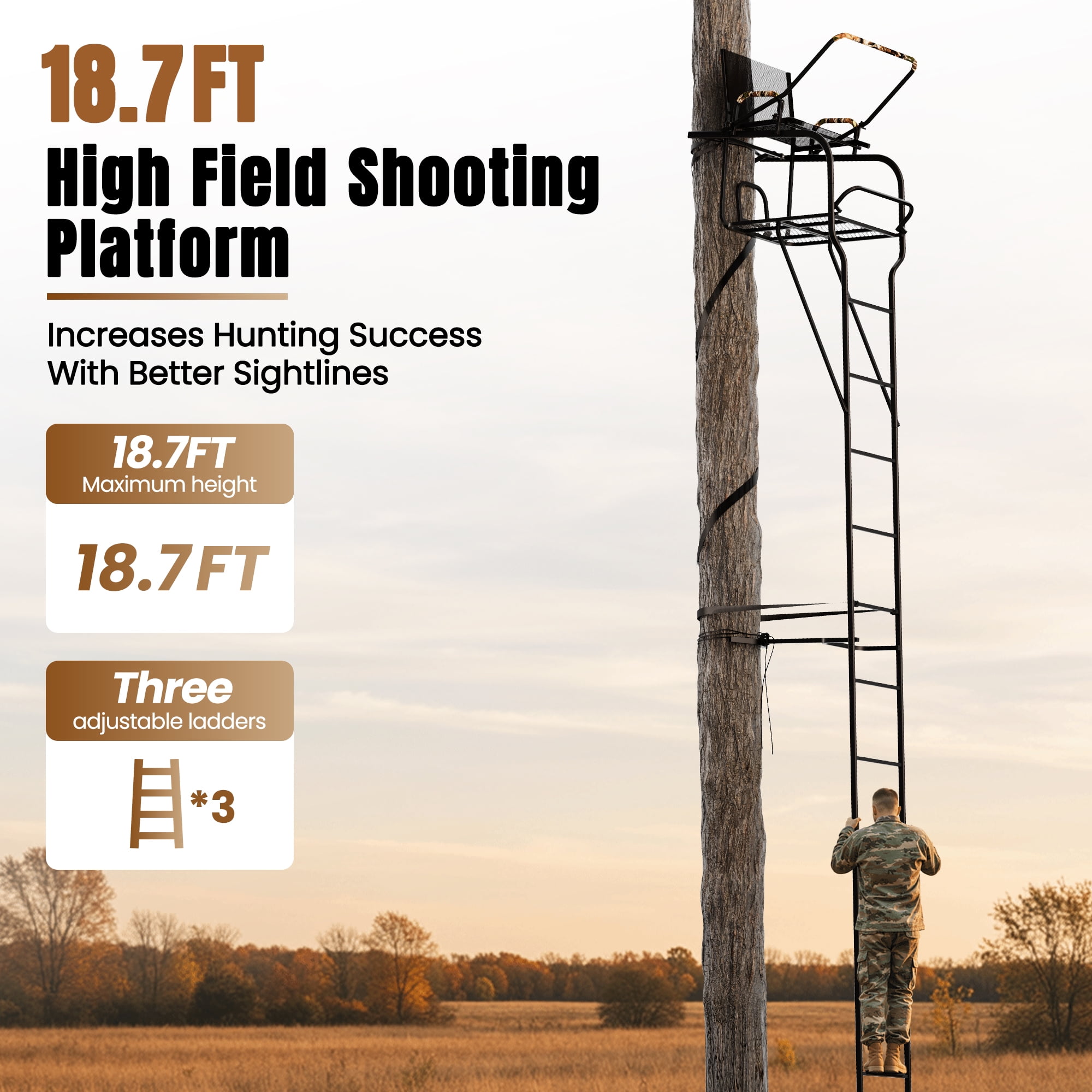 Naipo 18.7 ft Hunting Ladder Stand with Adjustable Shooting Rail and Full Body Harness (Black, 350 lb) 6g0ps