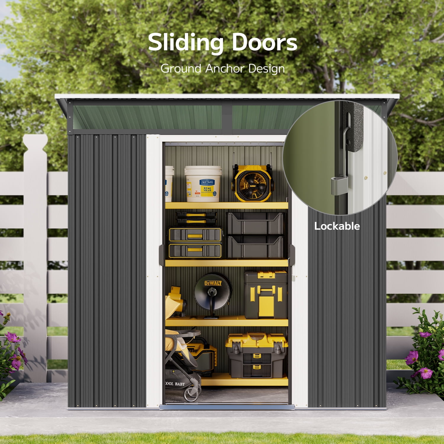 Asofer Heavy-Duty Weatherproof Steel Outdoor Storage Shed with Lockable Door (Dark Gray, 76.8 in x 42.9 in x 77.2 in) gik36