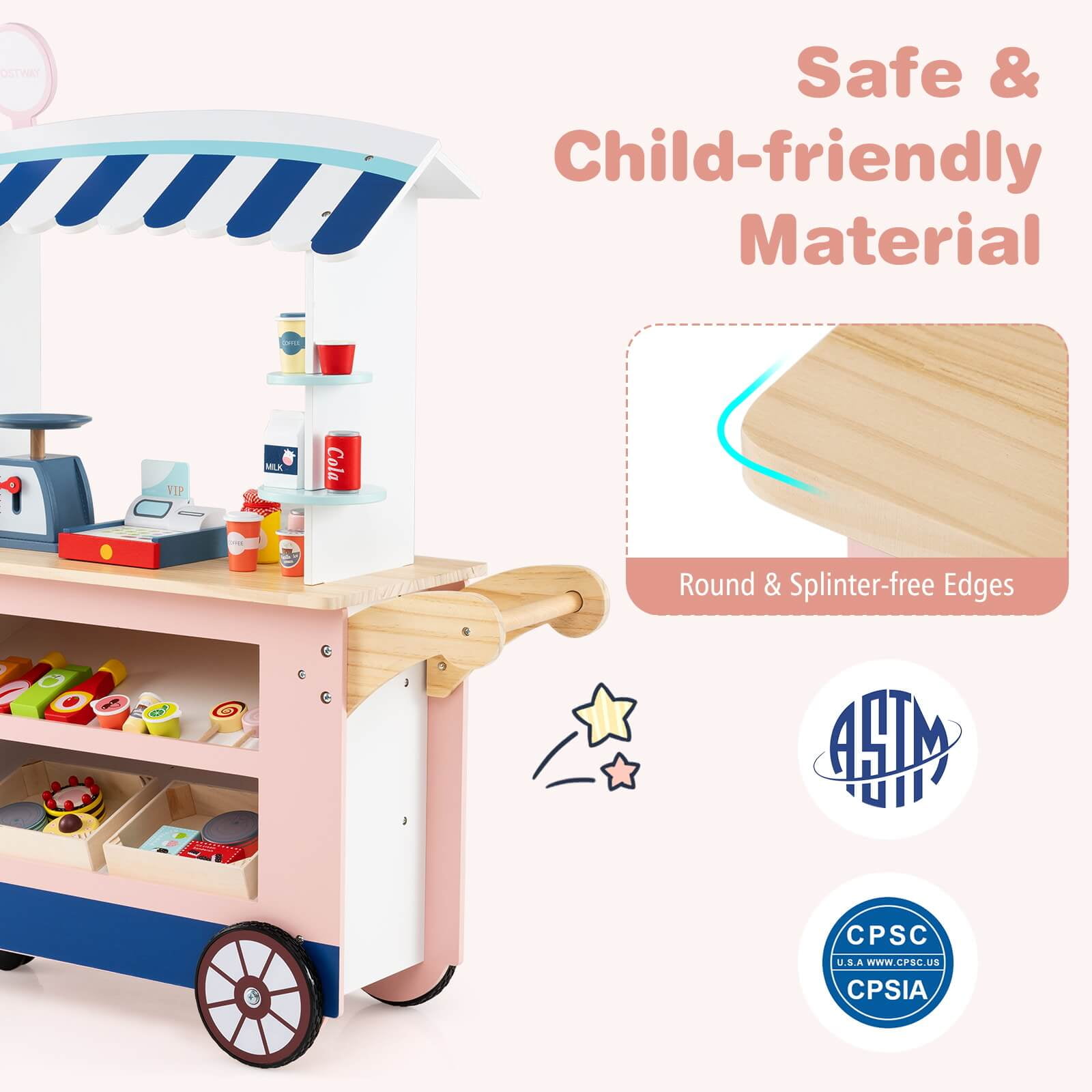 Costway Kids Snacks and Sweets Food Cart Play Set with 30 Accessories (Pink, 30 Piece Set) v72kq