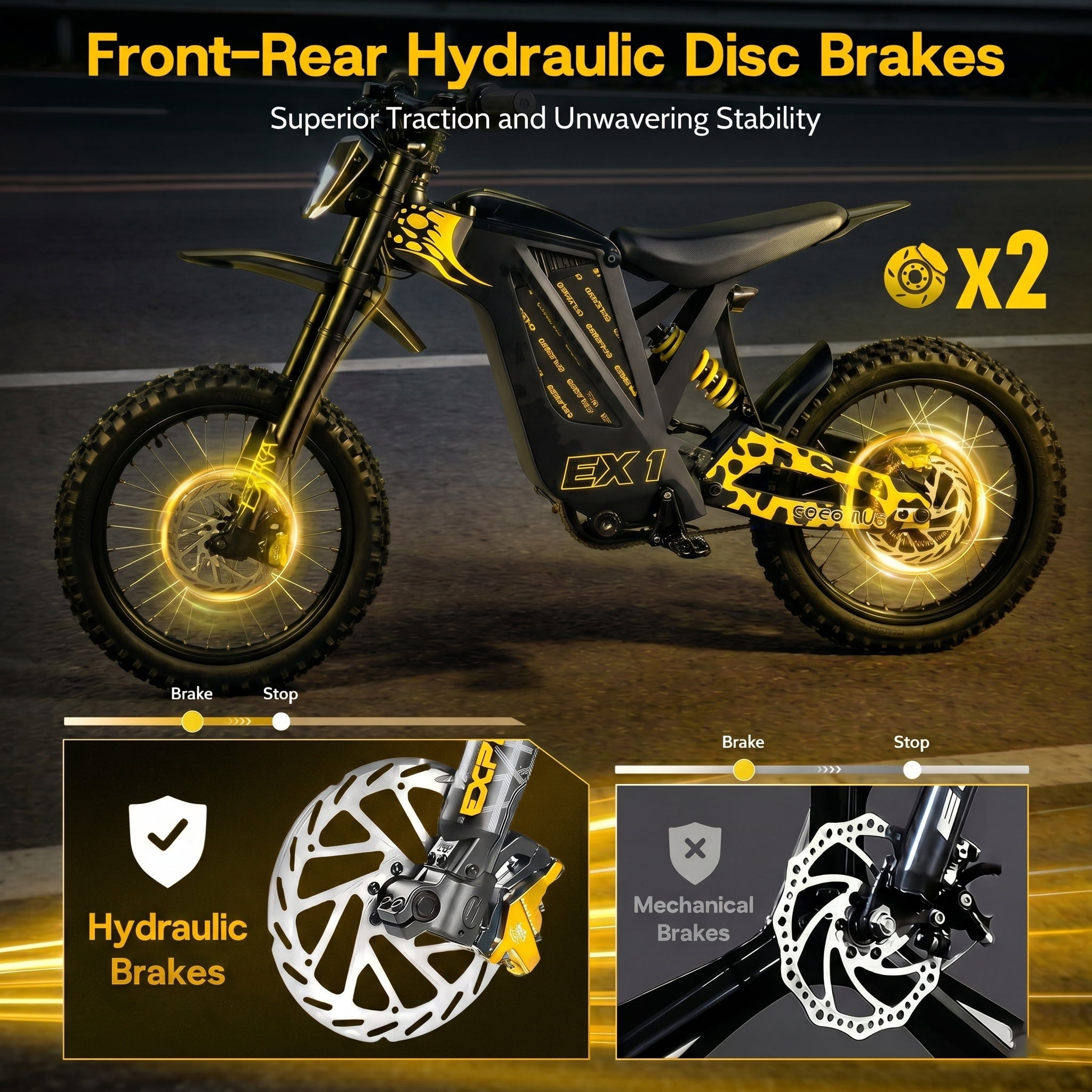 EOEOTWO EX1 Adult Off-Road Electric Dirt Bike, 3000W Motor, 40MPH Top Speed, Dual Hydraulic Shock Suspension (Yellow, 17 in Tires) 01ywm