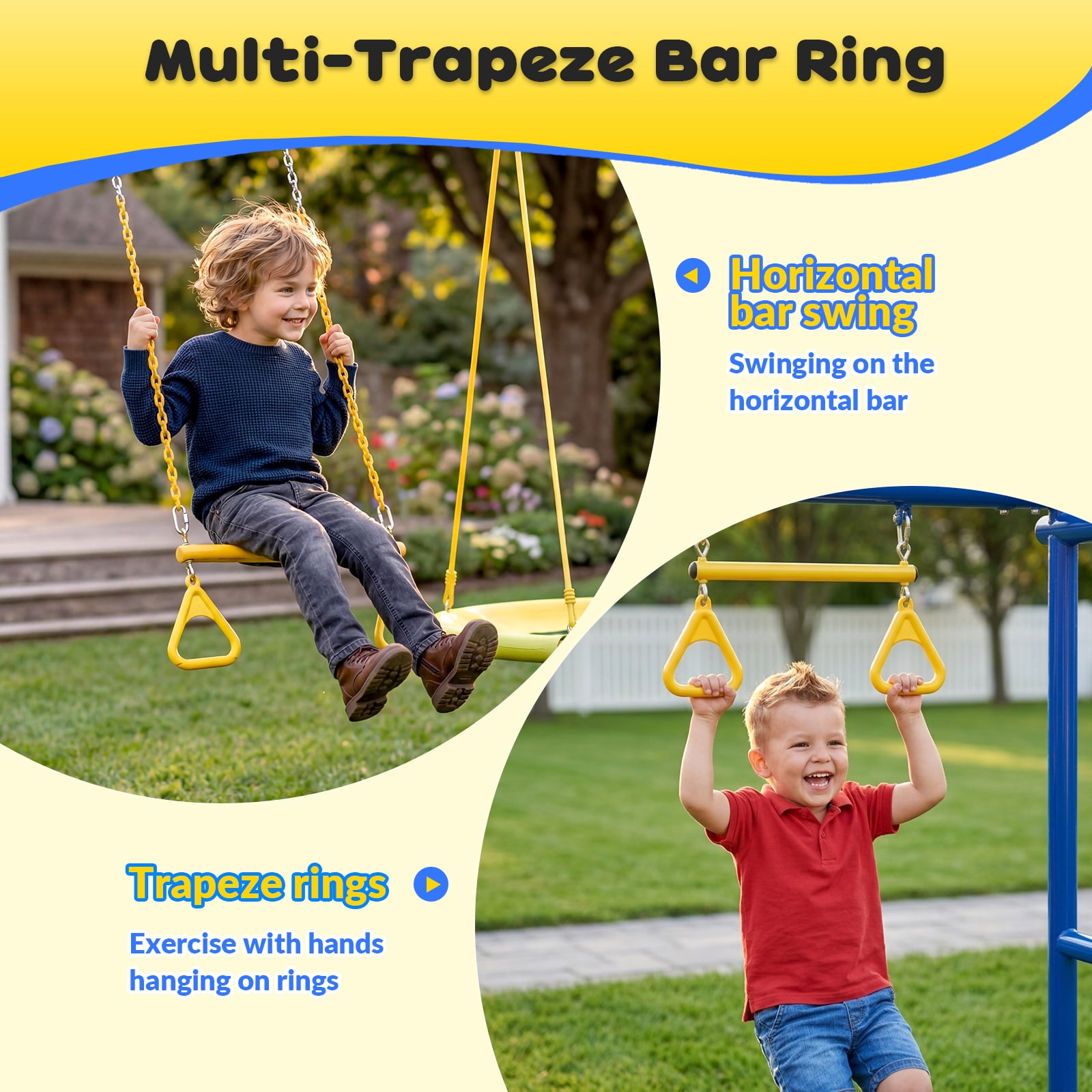 Gardwin Metal Swing Set with Trampoline and Slide (Yellow, 1000 lb Capacity) 9y98a