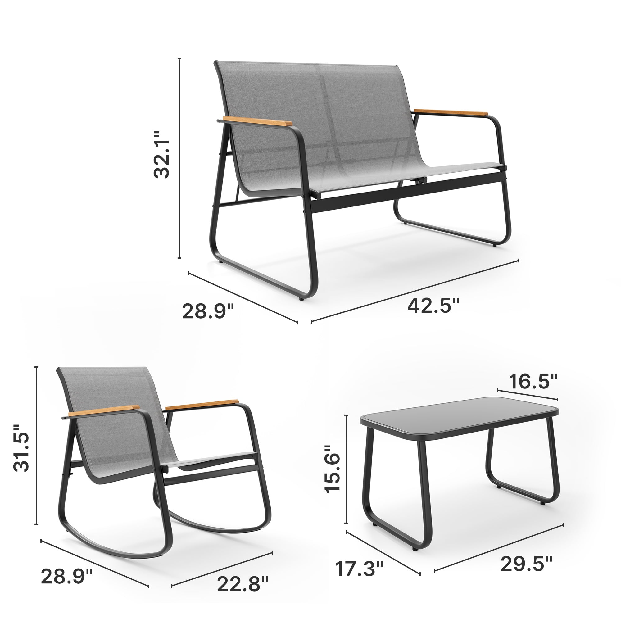 Lofka 4-Piece Patio Conversation Set with Rocking Chairs, Loveseat, and Glass Coffee Table (Gray, 4-Piece Set) zm9ee