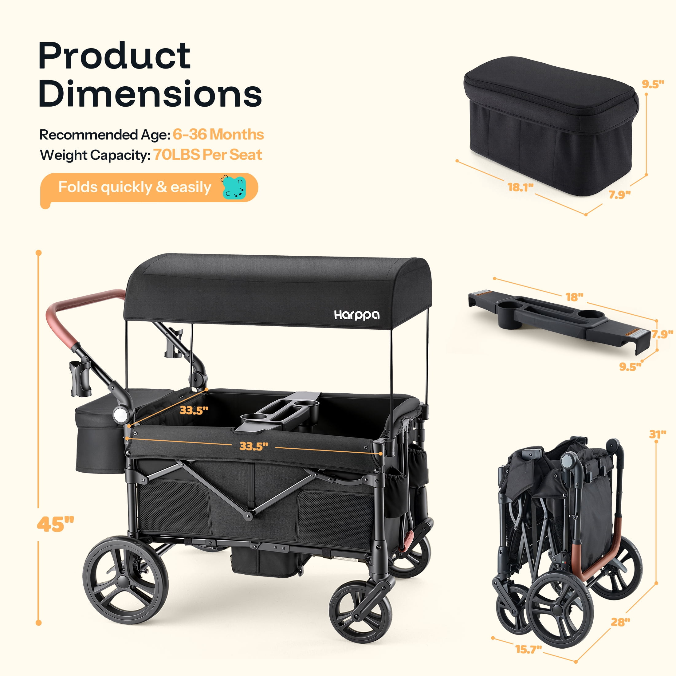 HARPPA Foldable Wagon Stroller for 4 Kids with 5-Point Harness and Canopy (Black) k8gyb - Image 10
