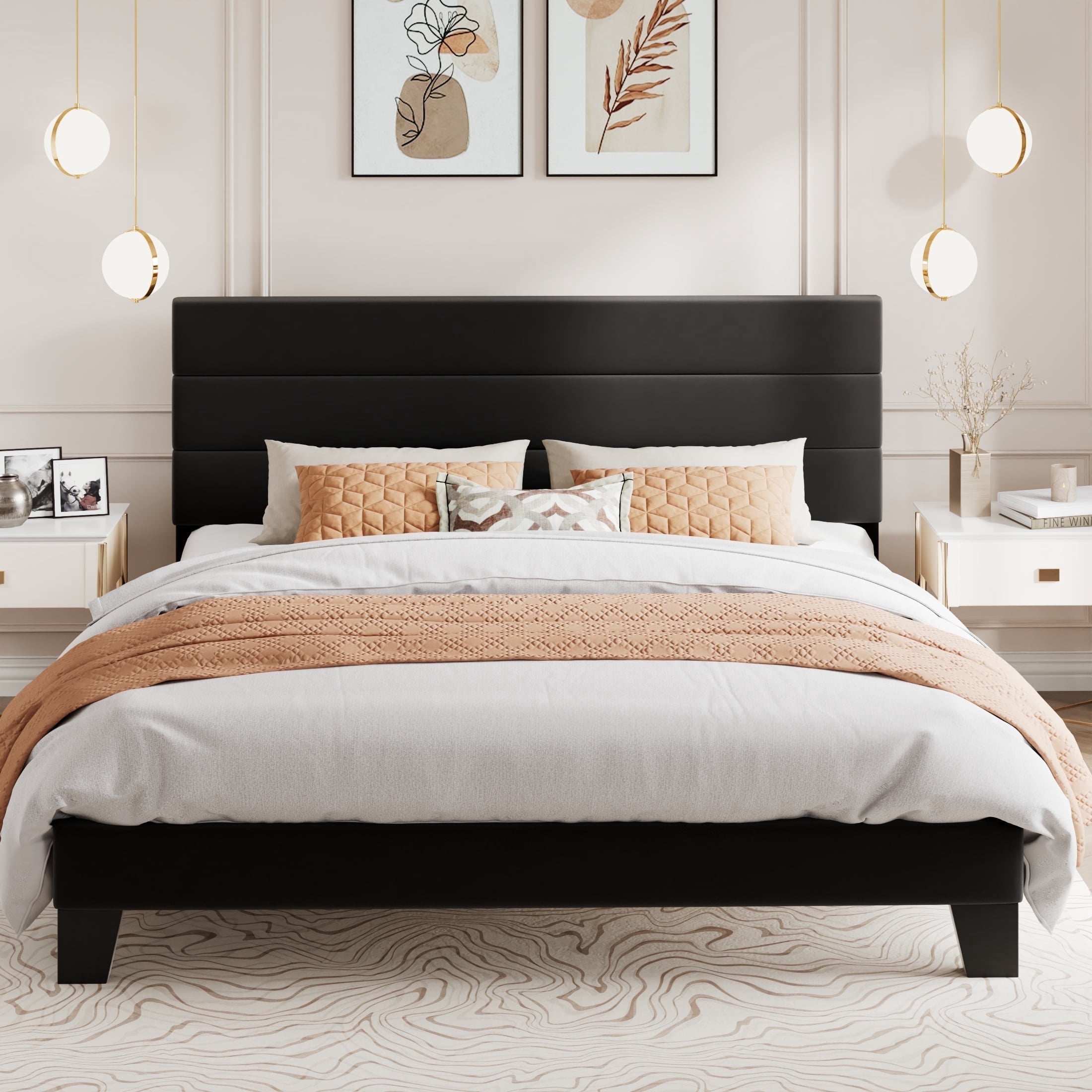 Amolife King Platform Bed Frame, Velvet Upholstered Headboard, Noise-Free Steel Support (Black, King) vul89