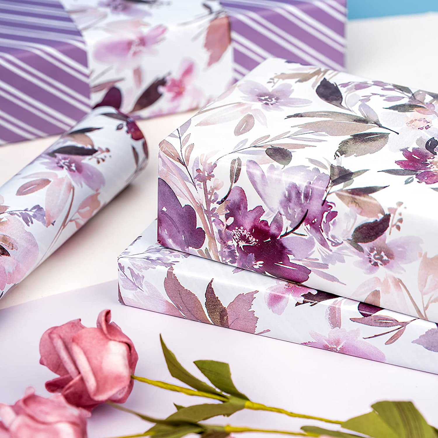 WRAPAHOLIC Reversible Wrapping Paper, Premium Floral Gift Wrap for Weddings and Holidays (Purple, 17 in x 33 ft) vs44s