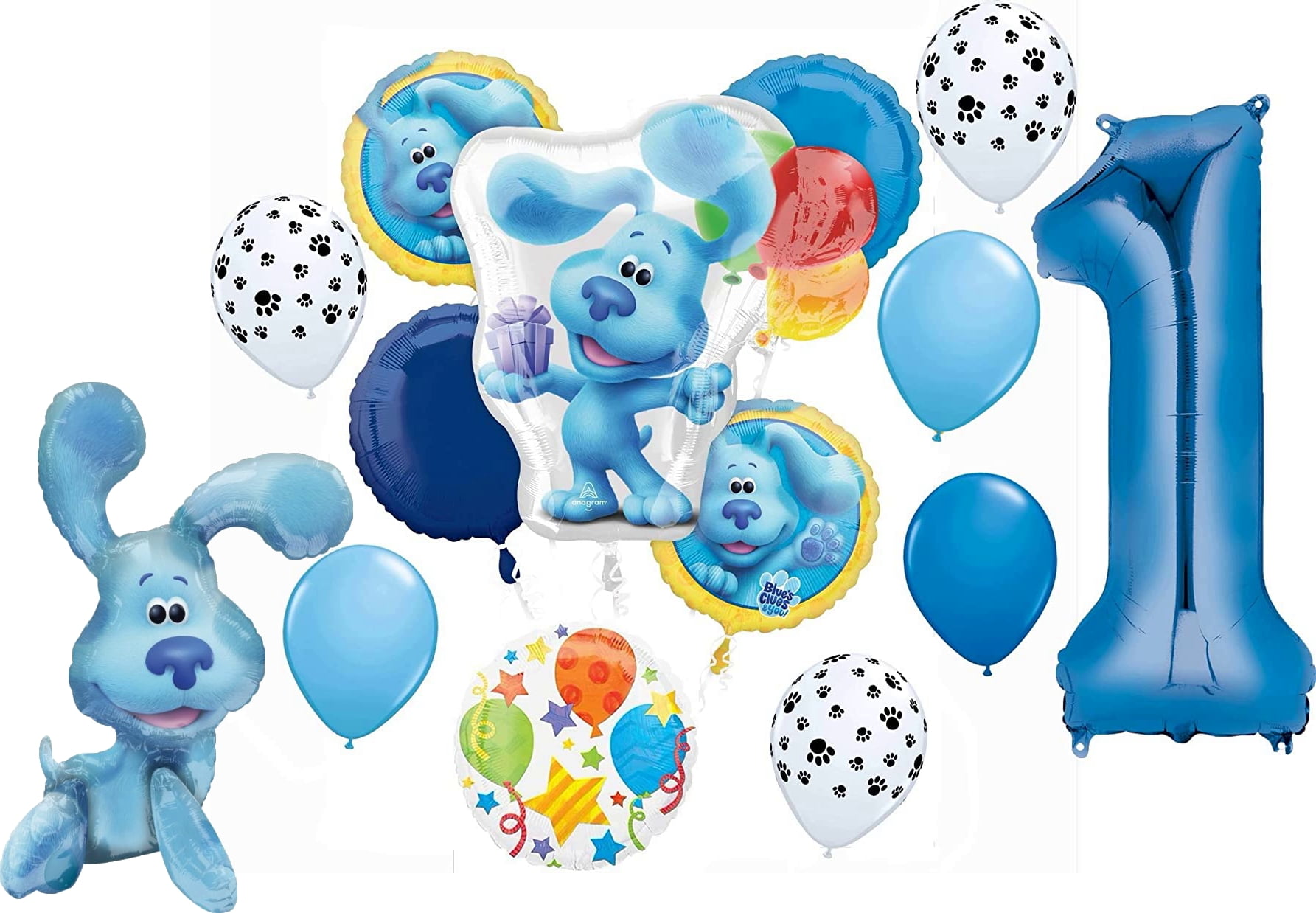 Anagram Blue's Clues 1st Birthday Party Decoration Set (Blue, 15-Piece Balloon Bouquet) pptax