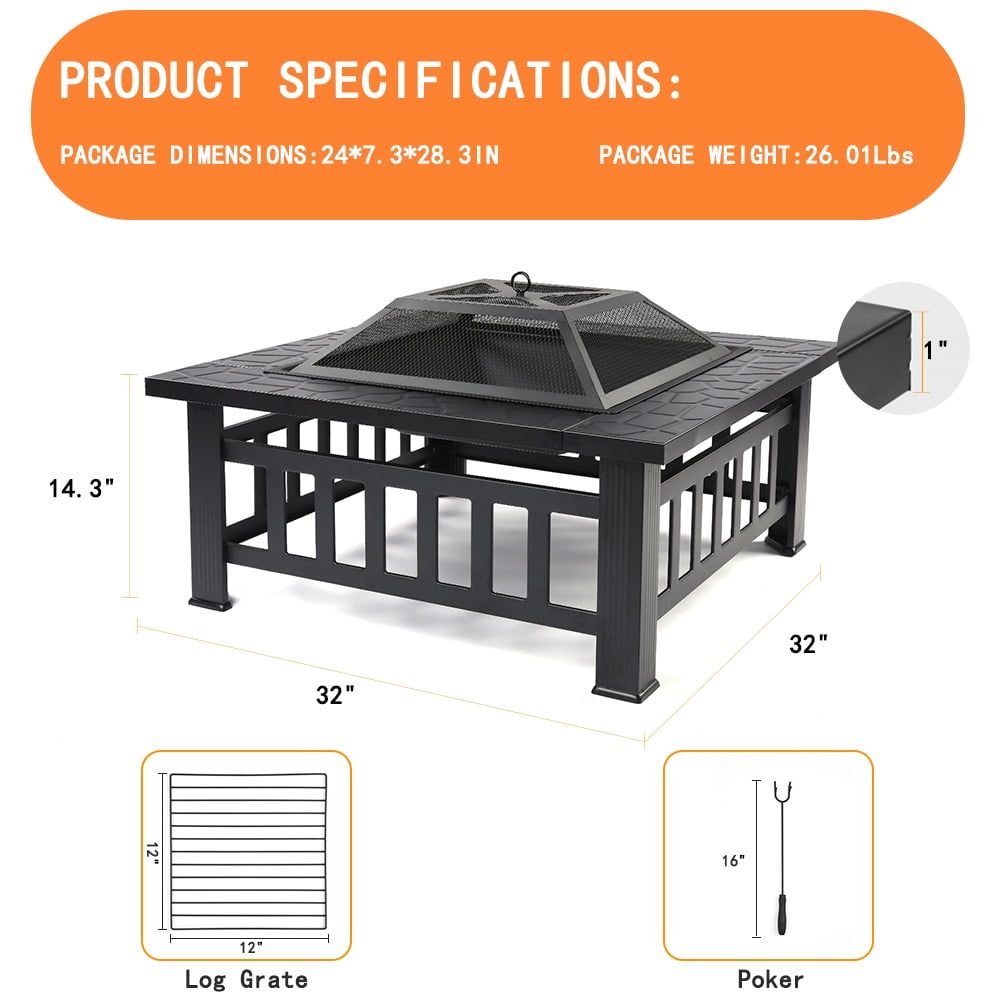 Segmart Outdoor Fire Pit Table, 32 in Square Wood Burning Fire Pit with Spark Screen and Log Poker (Black, 32 in) c7uir