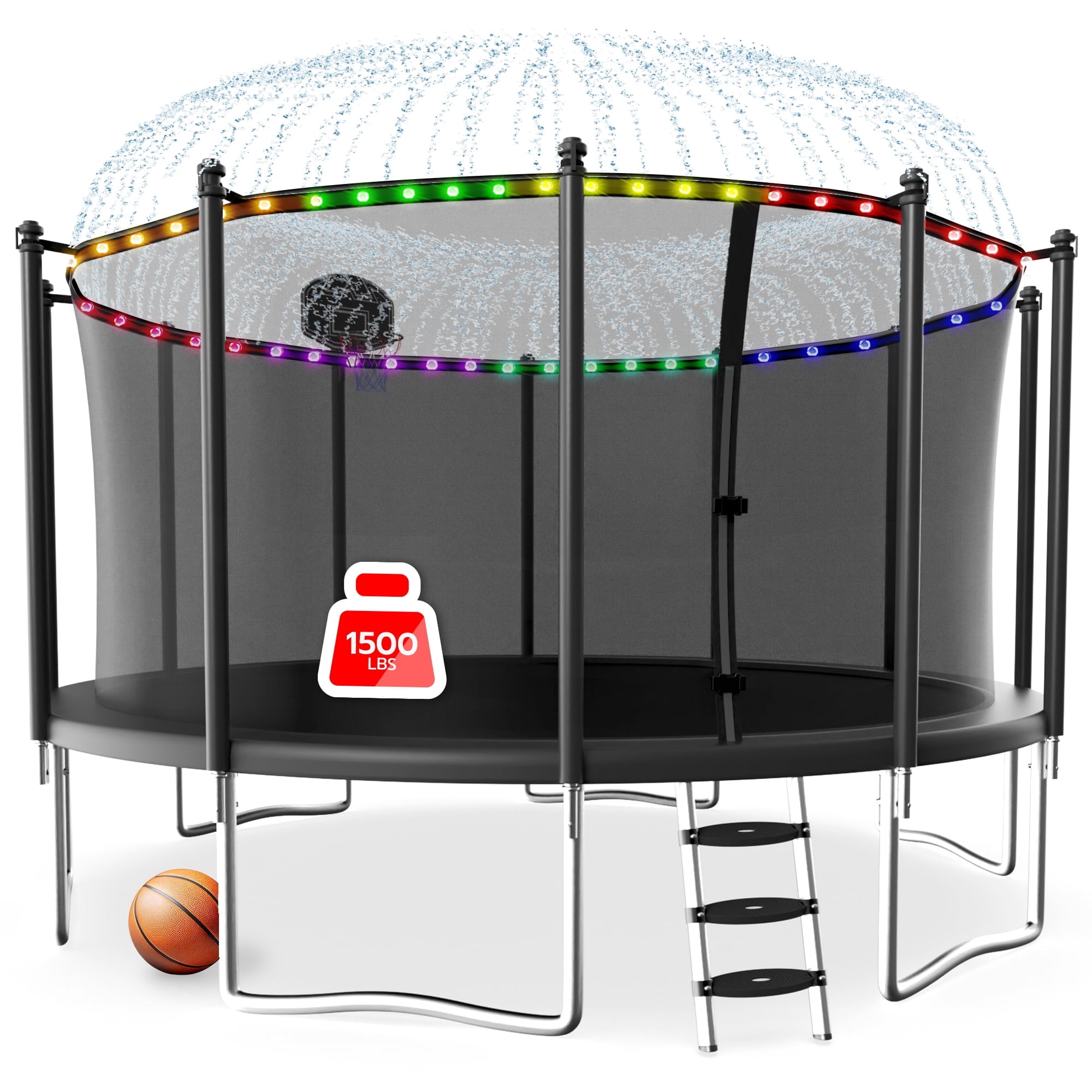 LHX Outdoor Backyard Trampoline with Enclosure Net, Basketball Hoop, Ladder, and LED Lights (Black, 16 ft) d70aj