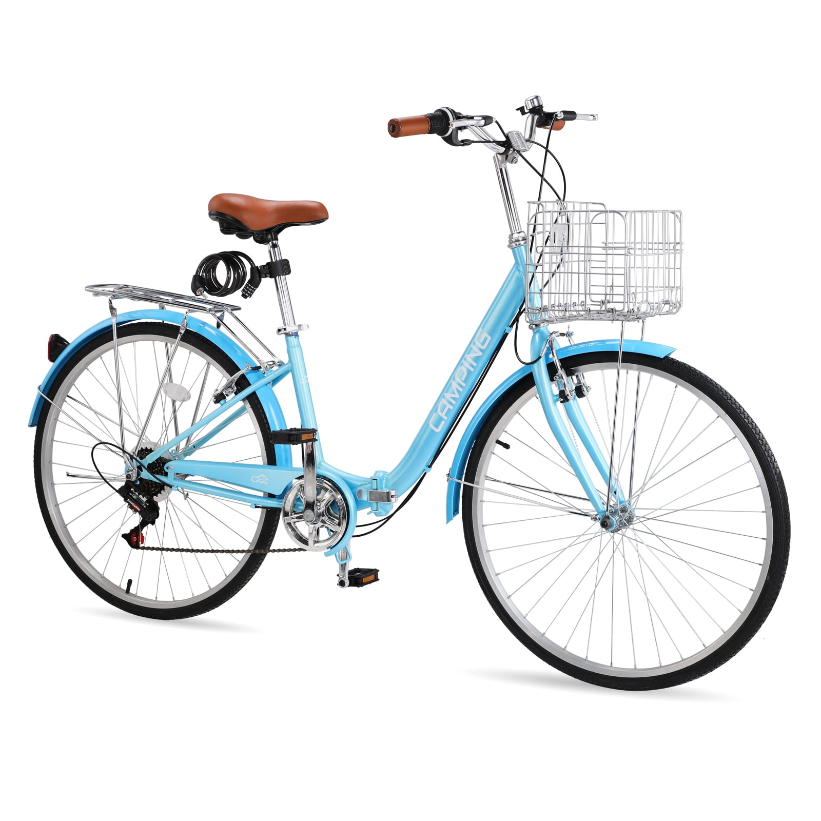 UBesGoo 26in 7-Speed Folding Beach Cruiser Bike, Adjustable Comfort Seat with Dual V-Brakes (Blue, 26 in) i4m4n