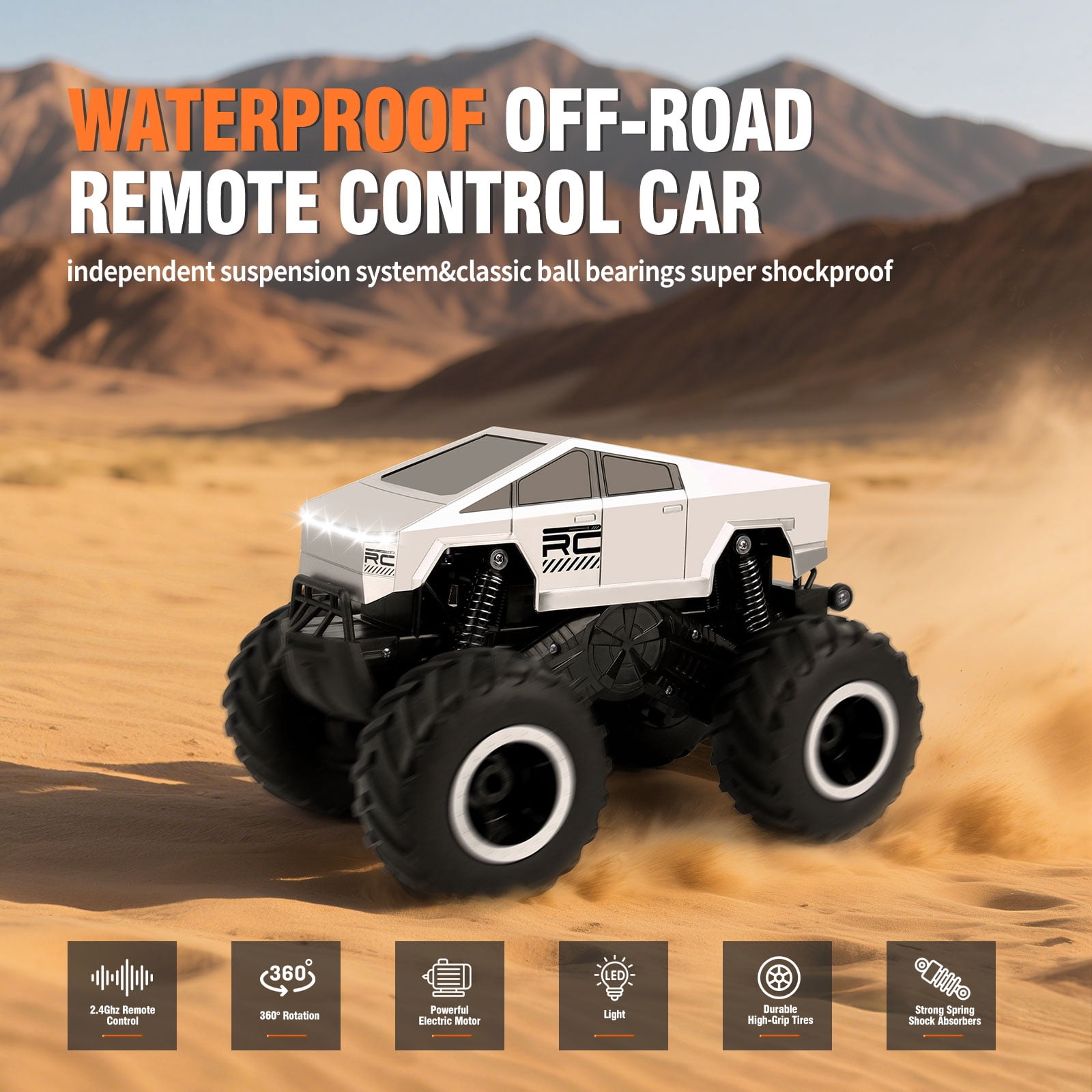 Sumsoltic Amphibious RC Monster Truck, 4WD All Terrain Stunt Car, 2.4GHz Remote Control Vehicle (Silver, 1:16 Scale) 0xjn0