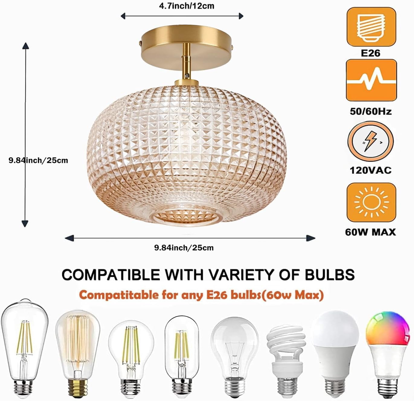 Jolydoly Semi Flush Mount Ceiling Light, Vintage Amber Glass Fixture for Hallway and Kitchen (9.84 in) fj967