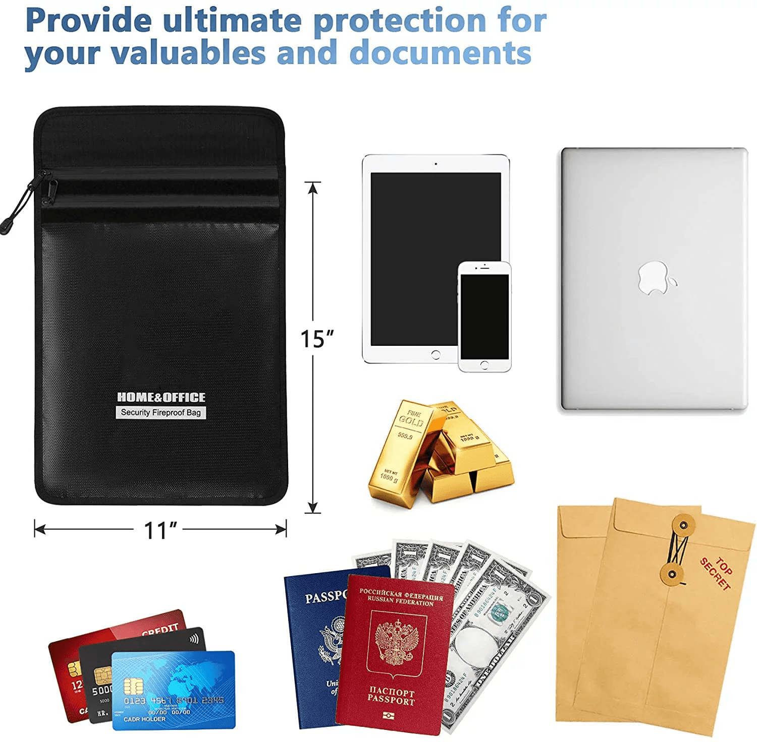 Sherry Fireproof and Waterproof Document Bag, Silicone-Coated Fiberglass Security Pouch (Black, 15 in x 11 in) 9nd0s