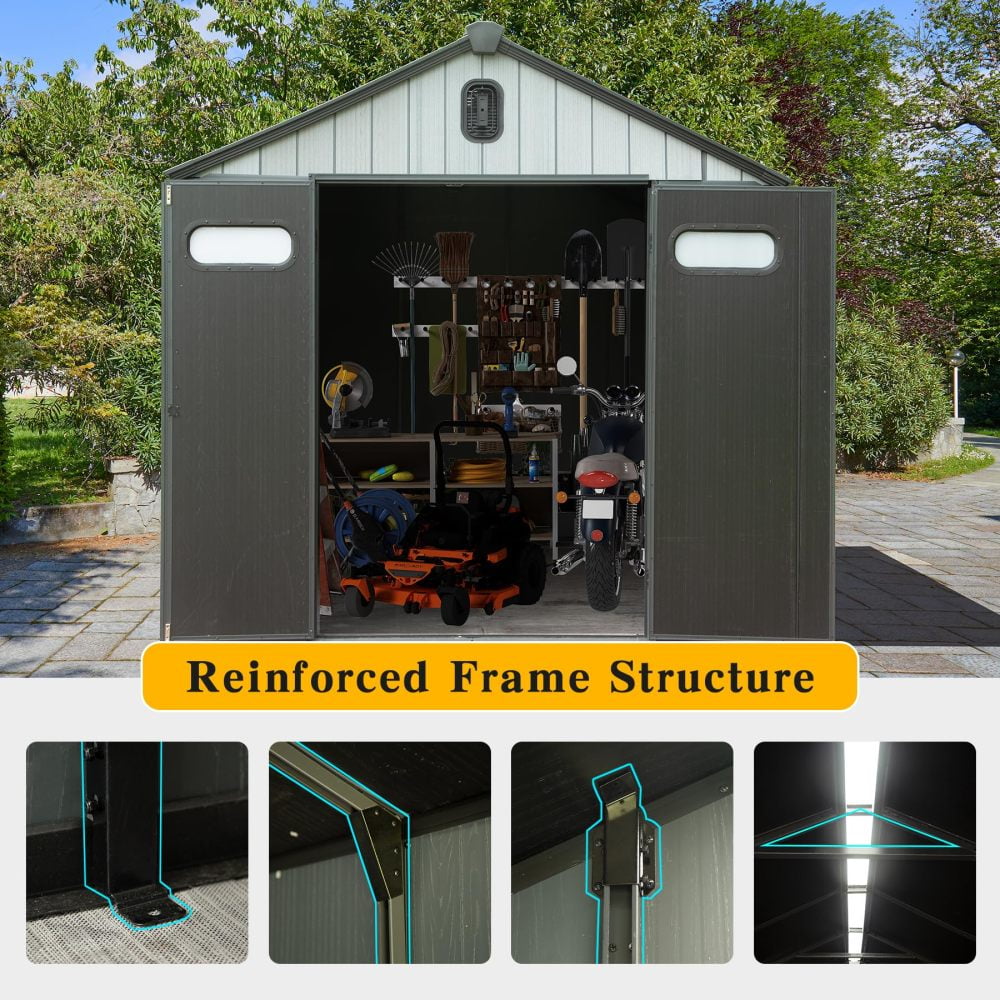 Generic 8x6 ft Resin Outdoor Storage Shed, Waterproof Lawn Equipment & Bike Shelter (Grey, 8x6 ft) 4m5o3