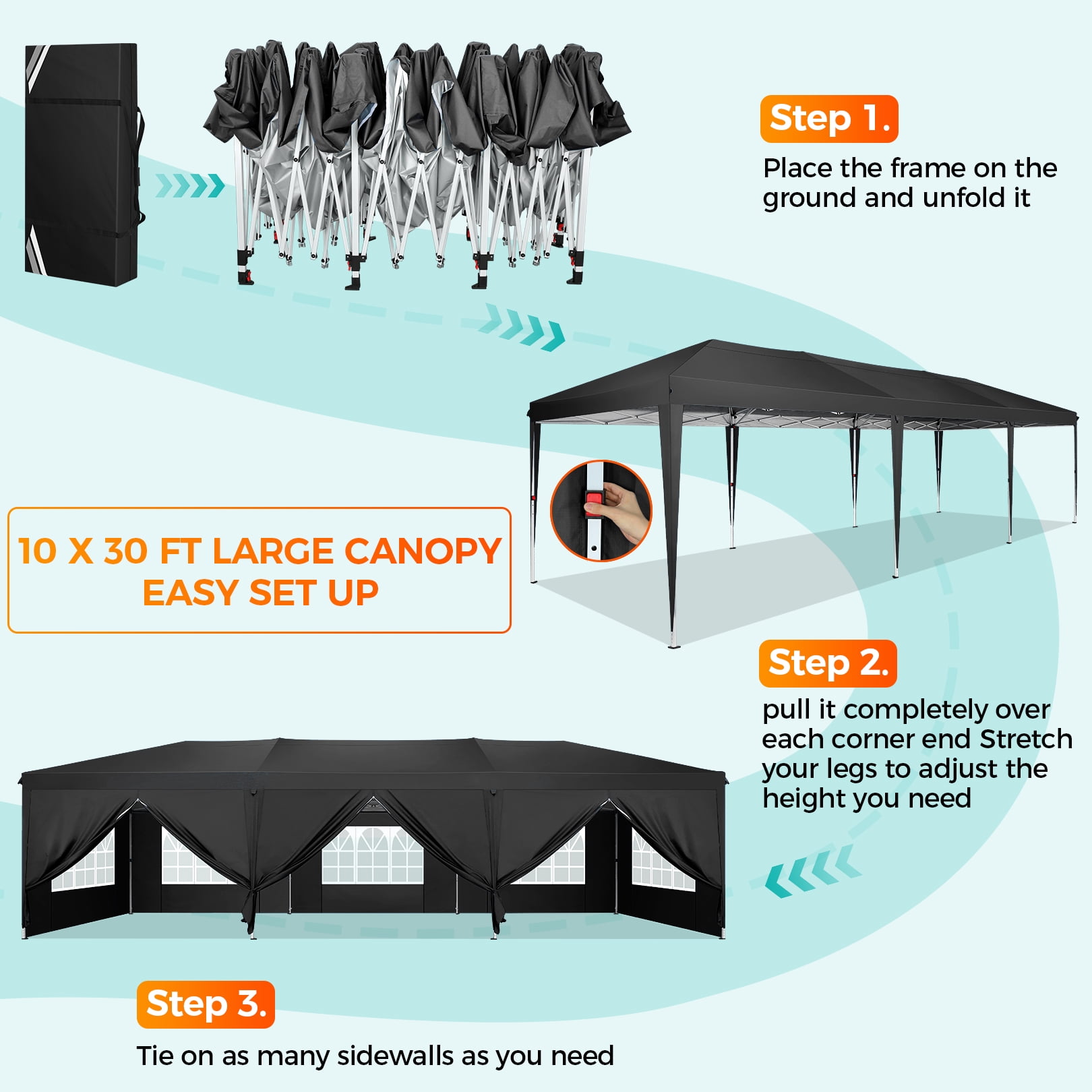 SANOPY 10 x 30 ft Pop Up Canopy Tent, Heavy-Duty Commercial Outdoor Shelter with 8 Removable Sidewalls and Carrying Bag (Black, 10 x 30 ft) oep66