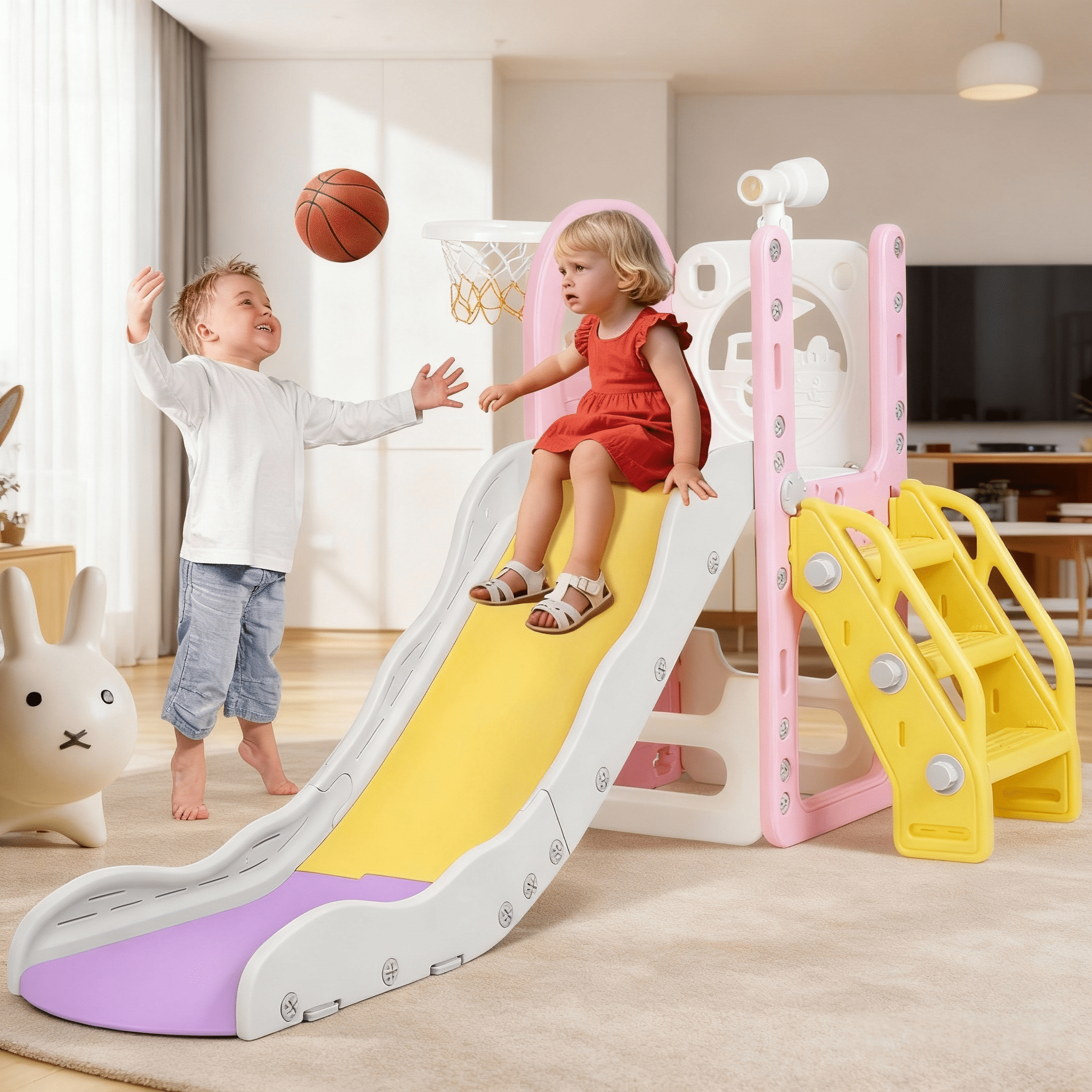 Zimeng 6-in-1 Toddler Slide and Climber Playset, Indoor Outdoor Activity Center with Basketball Hoop and Storage (Pink, 59 in x 27 in x 33 in) tmhu2