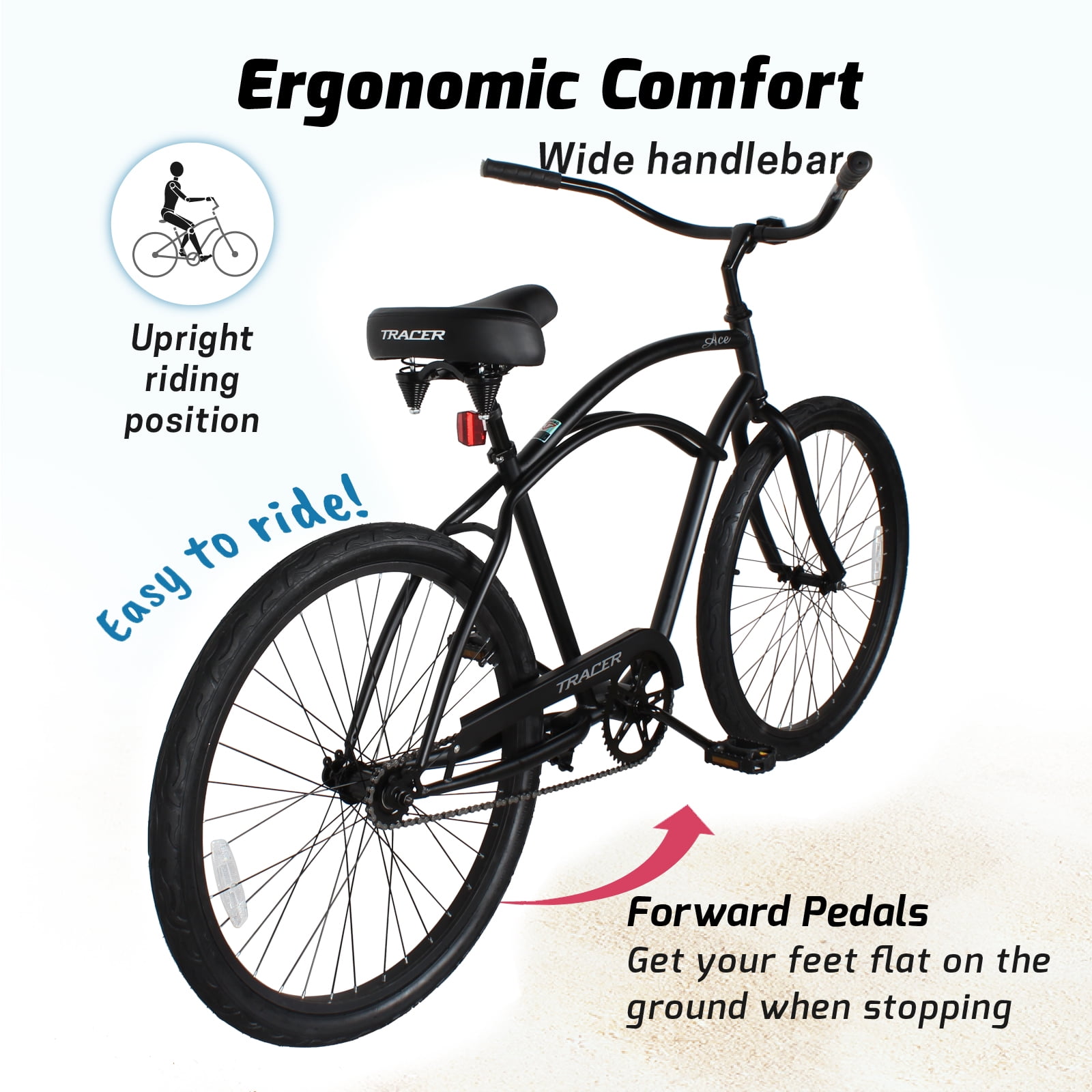 Tracer Products ACE Men’s Cruiser Bike, Classic Steel Frame, Coaster Brake (Black, 26 in) lltxk