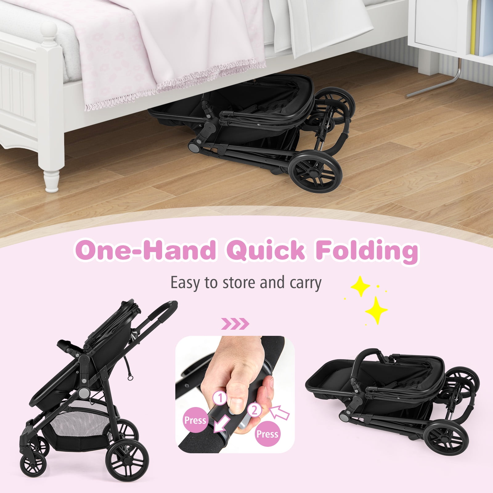 Costway 2-in-1 Foldable Baby Stroller Travel Pushchair with Adjustable Backrest (Black, 22 lb) 21eds