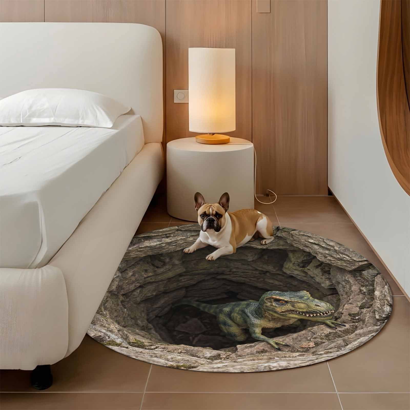 Jacekidy Dinosaur 3D Realistic Cave Area Rug, Non-Slip Machine Washable Indoor Outdoor Floor Mat (Green, 8 ft Round) 9xj1t