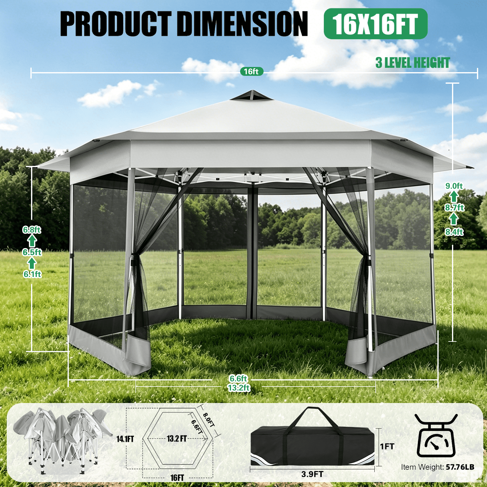 COBIZI 16x16 Pop-Up Canopy Tent, Outdoor Gazebo with Mosquito Netting and Carry Bag (Off-White Gray, 16x16 ft) ptmpl