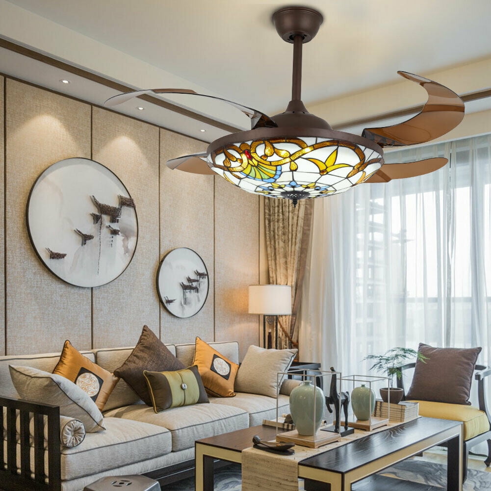 Denest 42 in Tiffany Style LED Retractable Ceiling Fan with Remote Control (3-Speed, 4-Blade) 0zrd0
