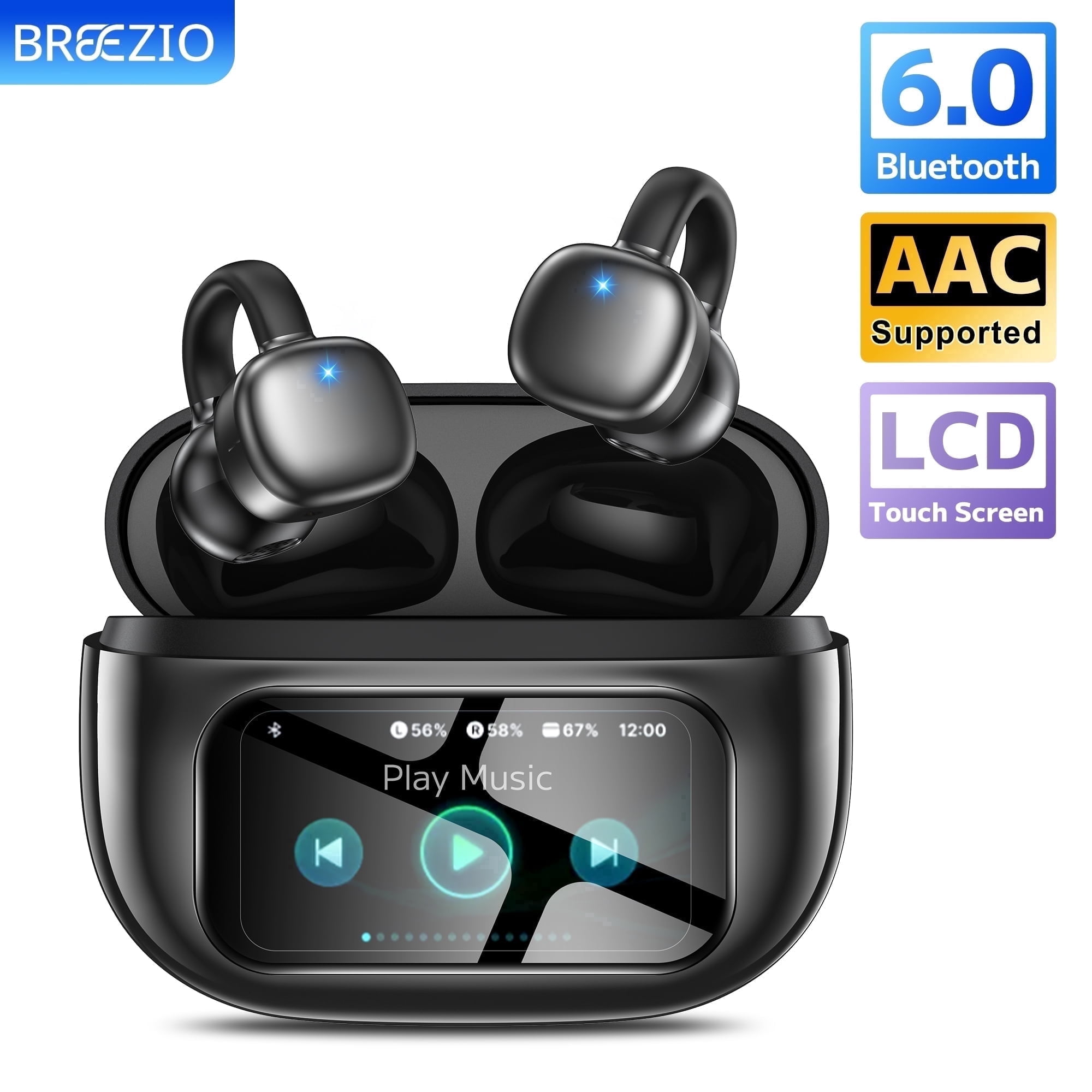Breezio Open-Ear Wireless Earbuds with Smart Touchscreen Charging Case (Black) kp5sy
