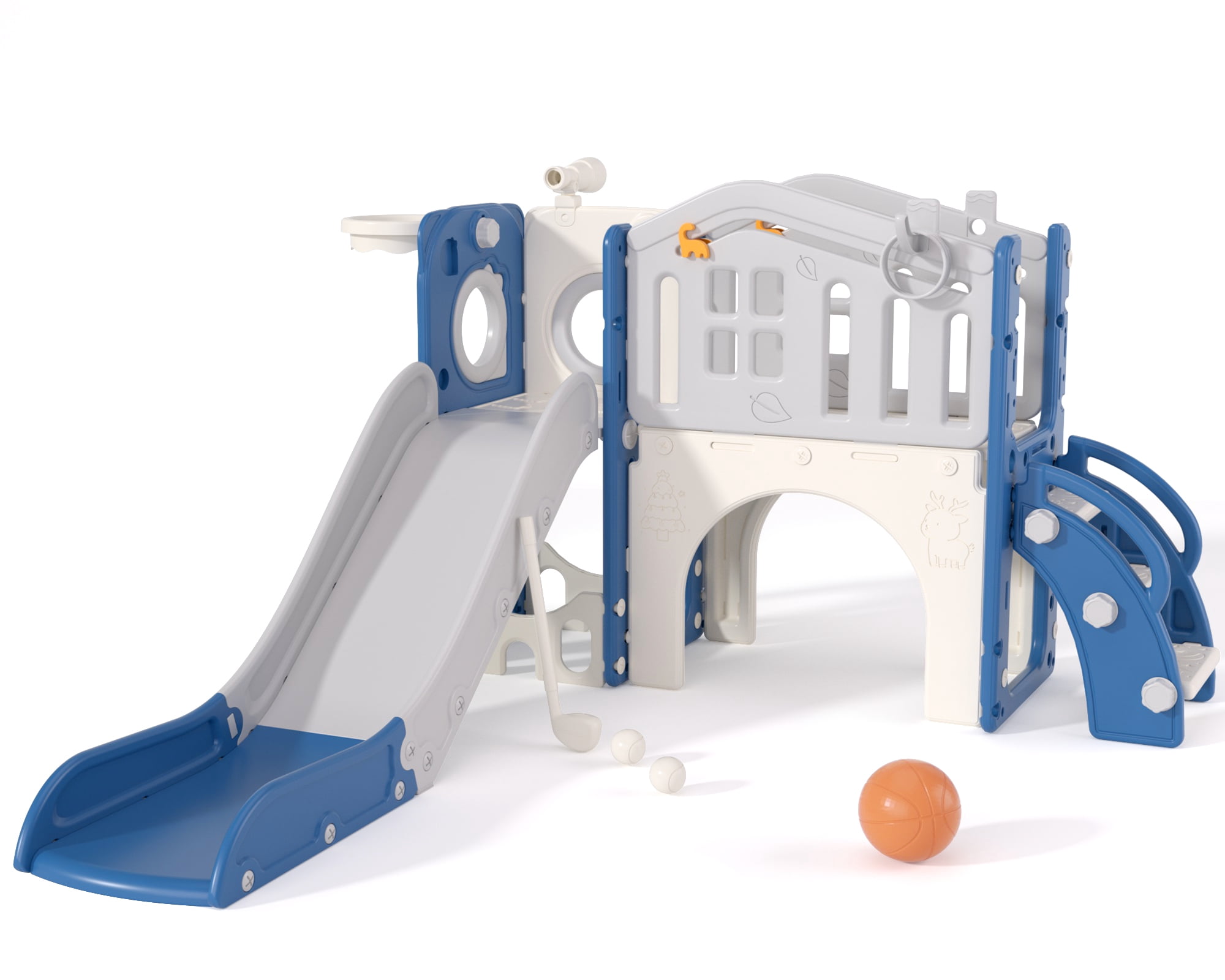 XJD 10-in-1 Toddler Slide and Activity Playset, Indoor and Outdoor Playground with Basketball Hoop and Climbing Zone (Blue and Gray) 125sk