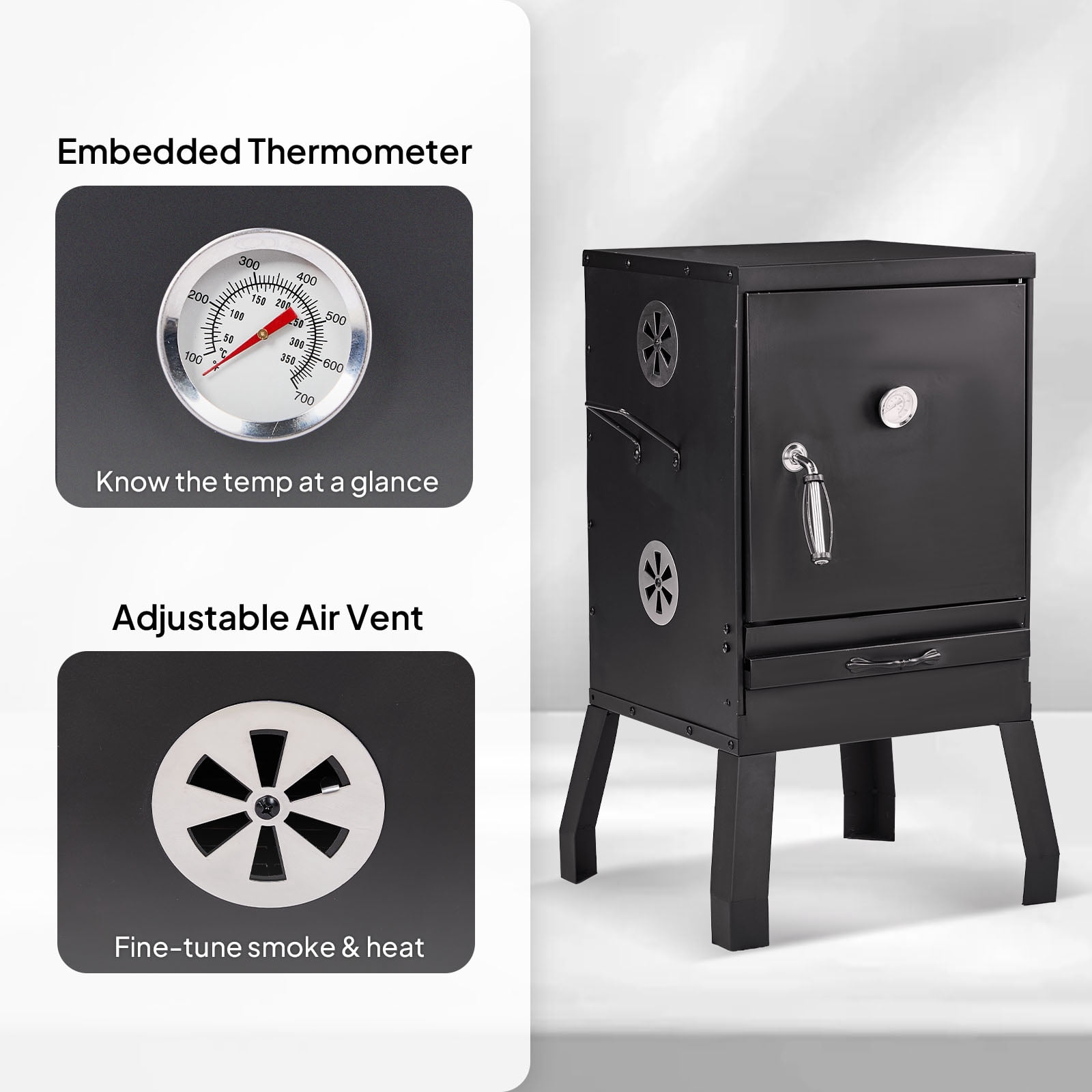 BIBIVIS Portable Vertical Charcoal Smoker Grill with Thermometer and Dual Racks (Black, 31.5 in Height) 3ywyk