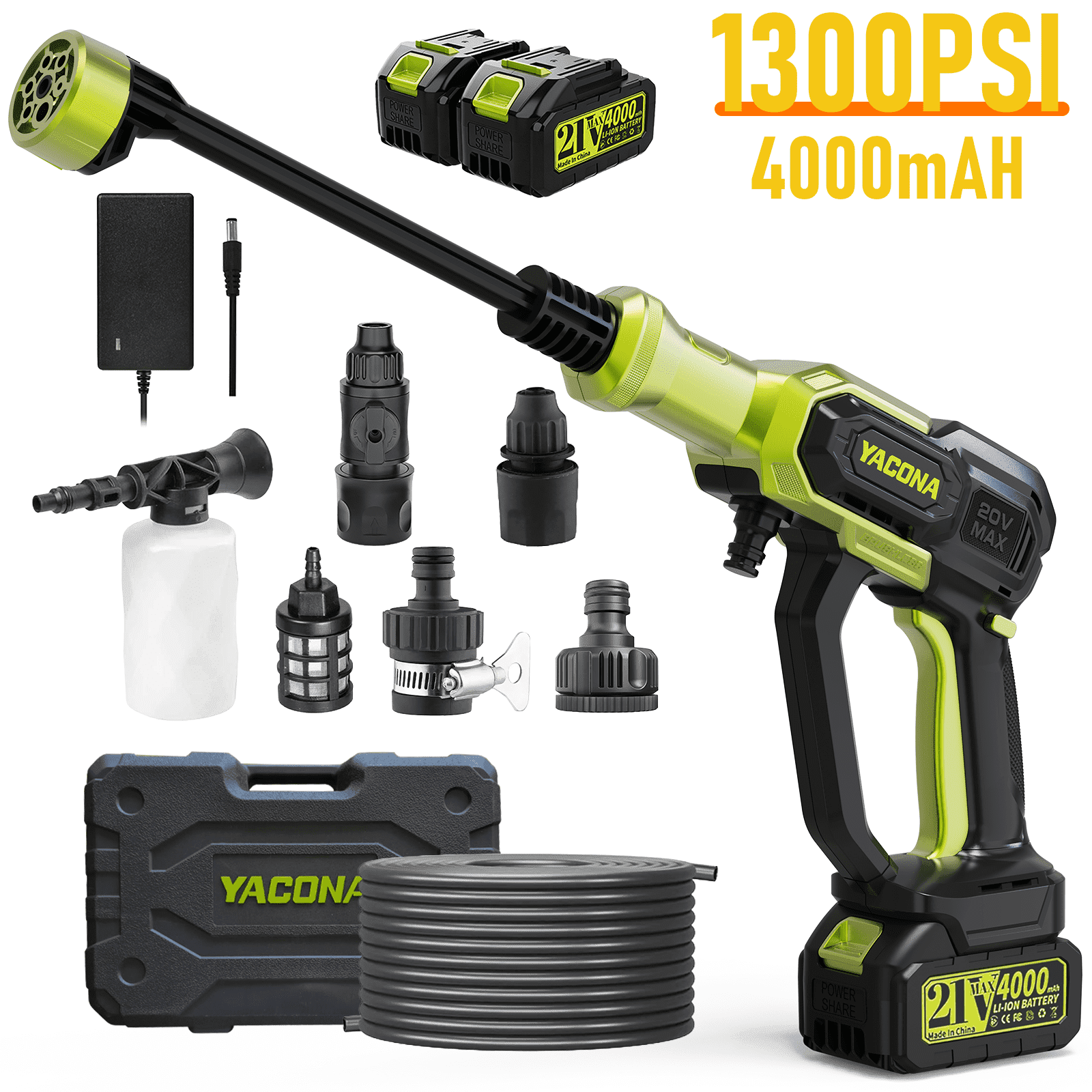 Yacona Cordless Pressure Washer, Portable Electric Power Cleaner with 6-in-1 Nozzle and Dual Battery System (Green, 23 ft Hose) g7w54