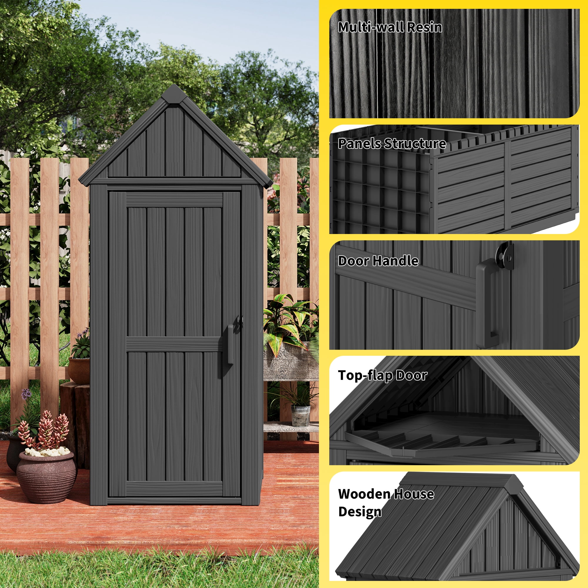 Bifanuo Outdoor Storage Shed, Weatherproof Garden Tool Cabinet with Shelves and Hooks (Black, 47.5 in x 72.9 in x 81.9 in) 39njr