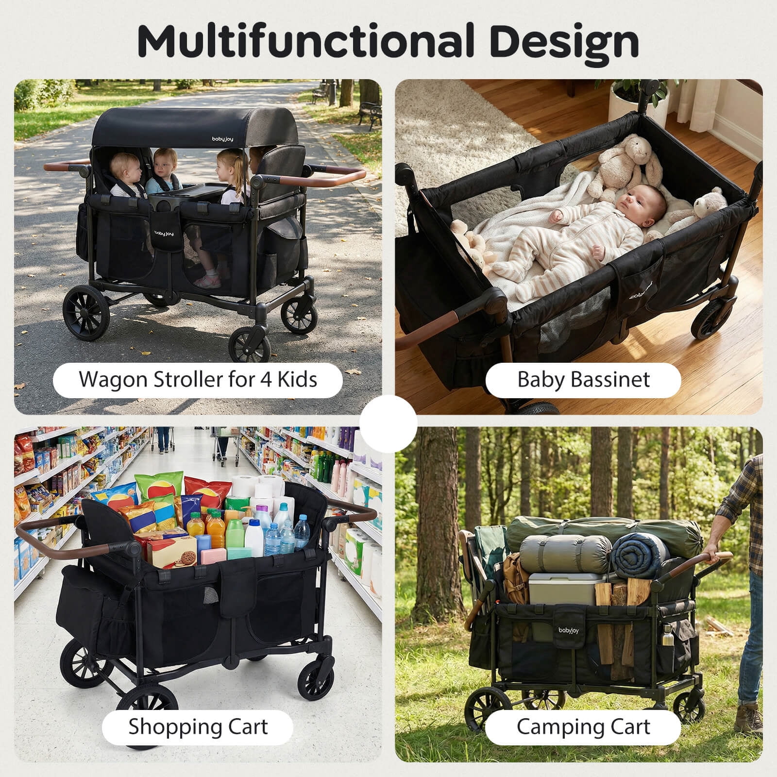 Costway 4-Seater Wagon Stroller, Foldable Push-Pull Toddler Stroller with Removable Canopy (Black, 4-Seater) 0d9fk