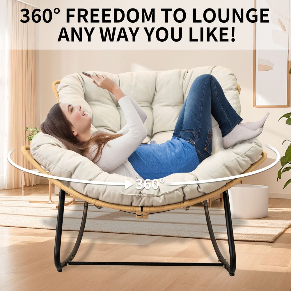 LUMAMIN Oversized Round Glider Rocker Chair, Indoor and Outdoor Rattan Wicker Accent Chair for Living Room and Patio (Beige) o12kz