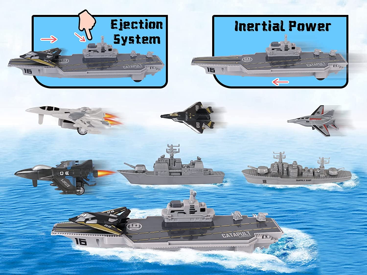 TYMZDYN Military Aircraft Carrier Playset with Fighter Jets and Battleships (9 Piece Set) 9rp12