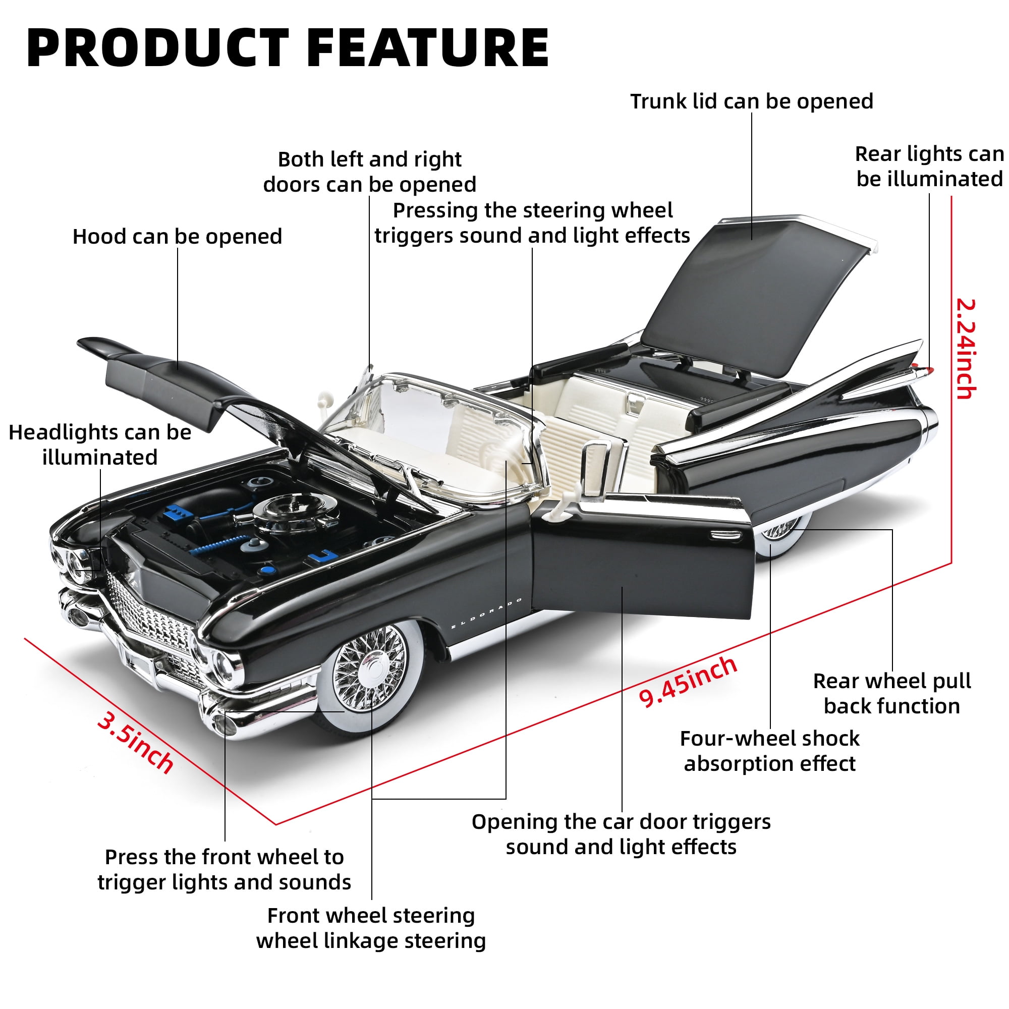 Anmyjuly 1/24 Scale Die-Cast Retro Sports Car Model with LED Lights and Sound Effects (Black, 9.37 in) 6c61d