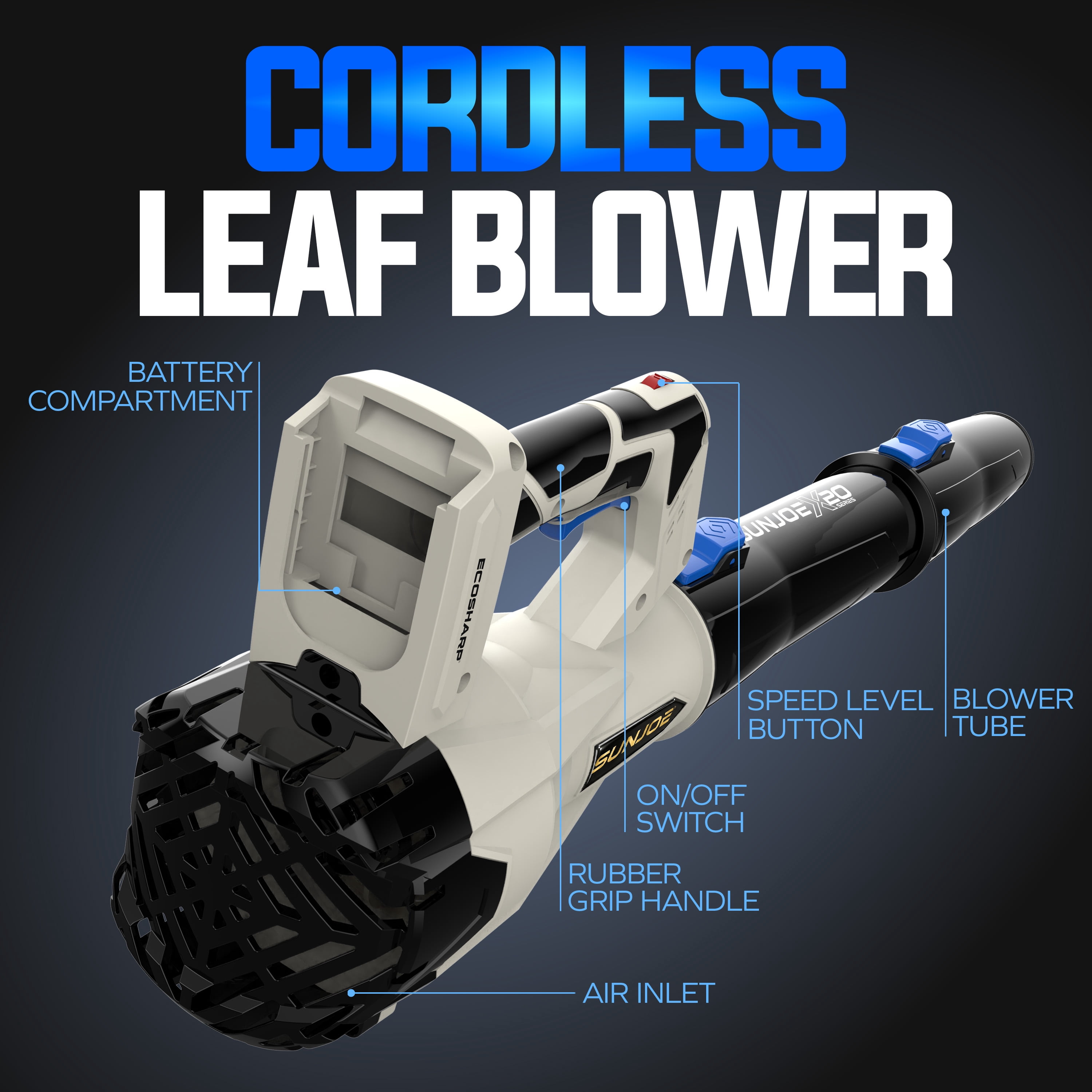 Sun Joe 20V ECOSHARP Cordless Leaf Blower with Dual Batteries and Charger (4.2 lb) q4hmm