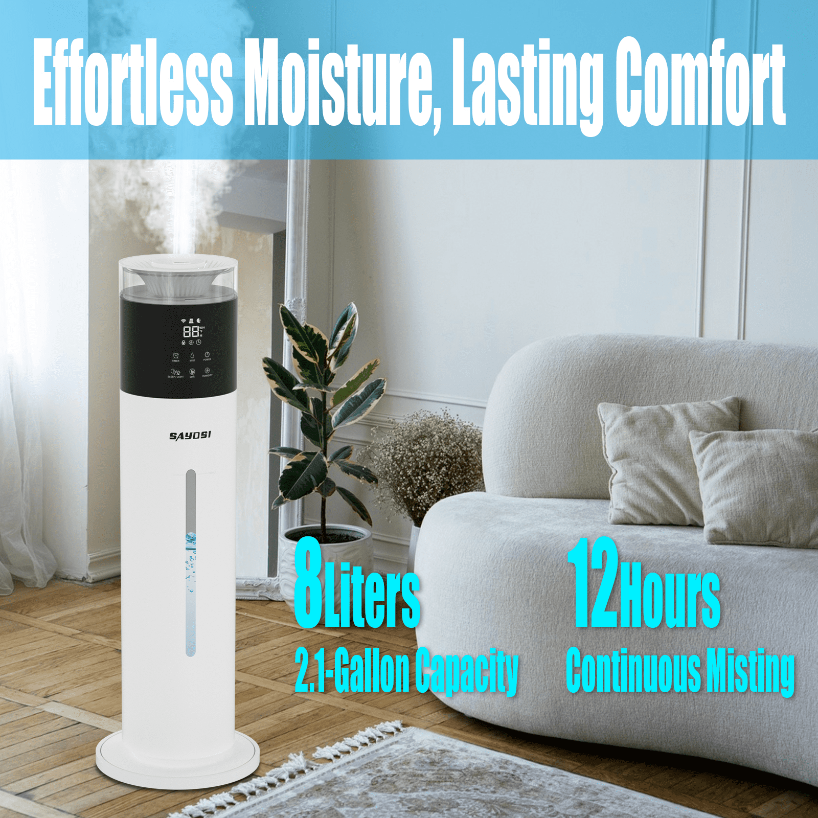 SAHAUHY Smart Cool Mist Humidifier for Large Rooms, App-Controlled Ultrasonic Humidifier with Top-Fill Design (White, 2.1 gal) n3ezc