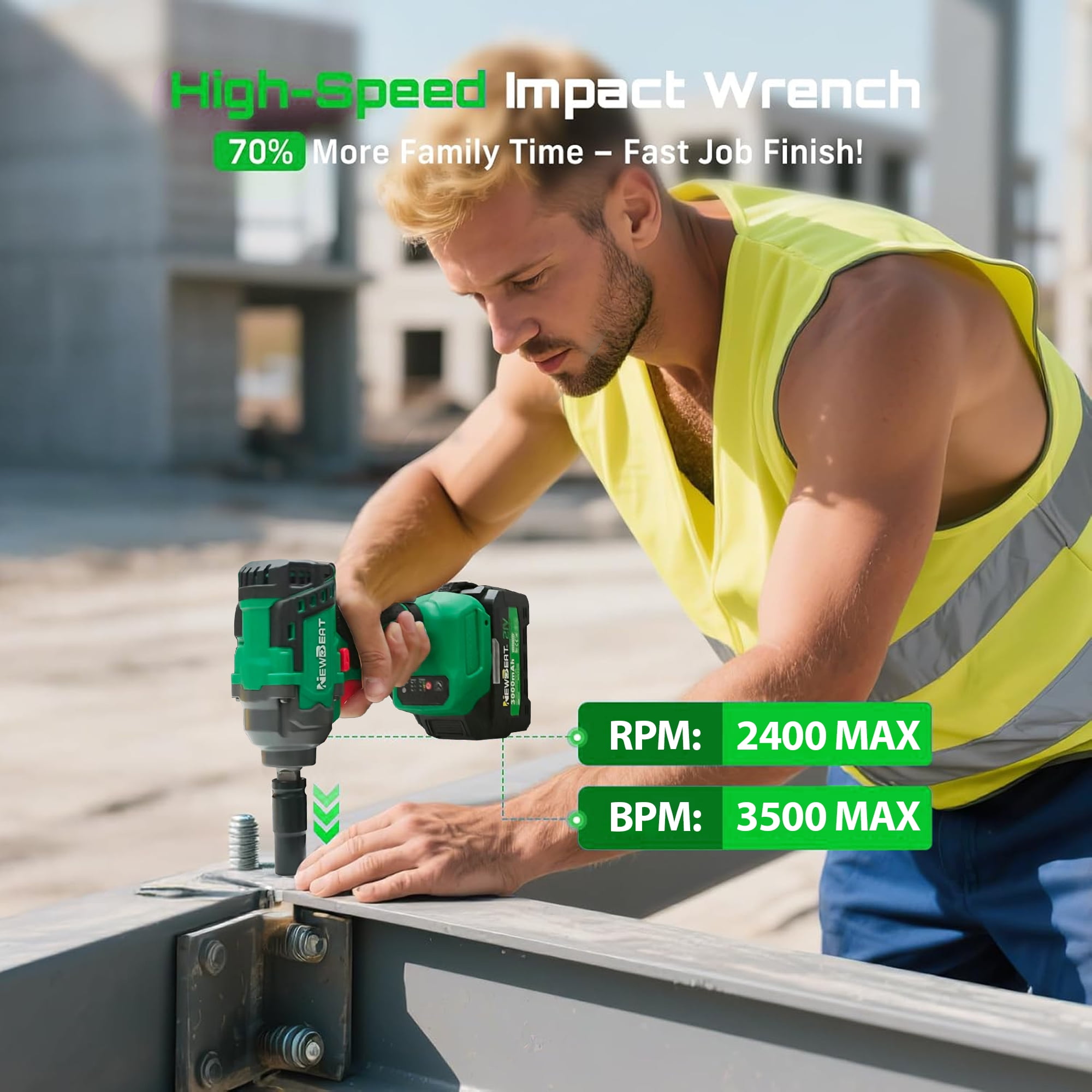 NEWBEAT Cordless Impact Wrench Set, 1/2 in Brushless Power Tool, 405 ft-lb Torque, Variable Speed for Automotive and Home DIY (Green, 1 Set) wlhxu
