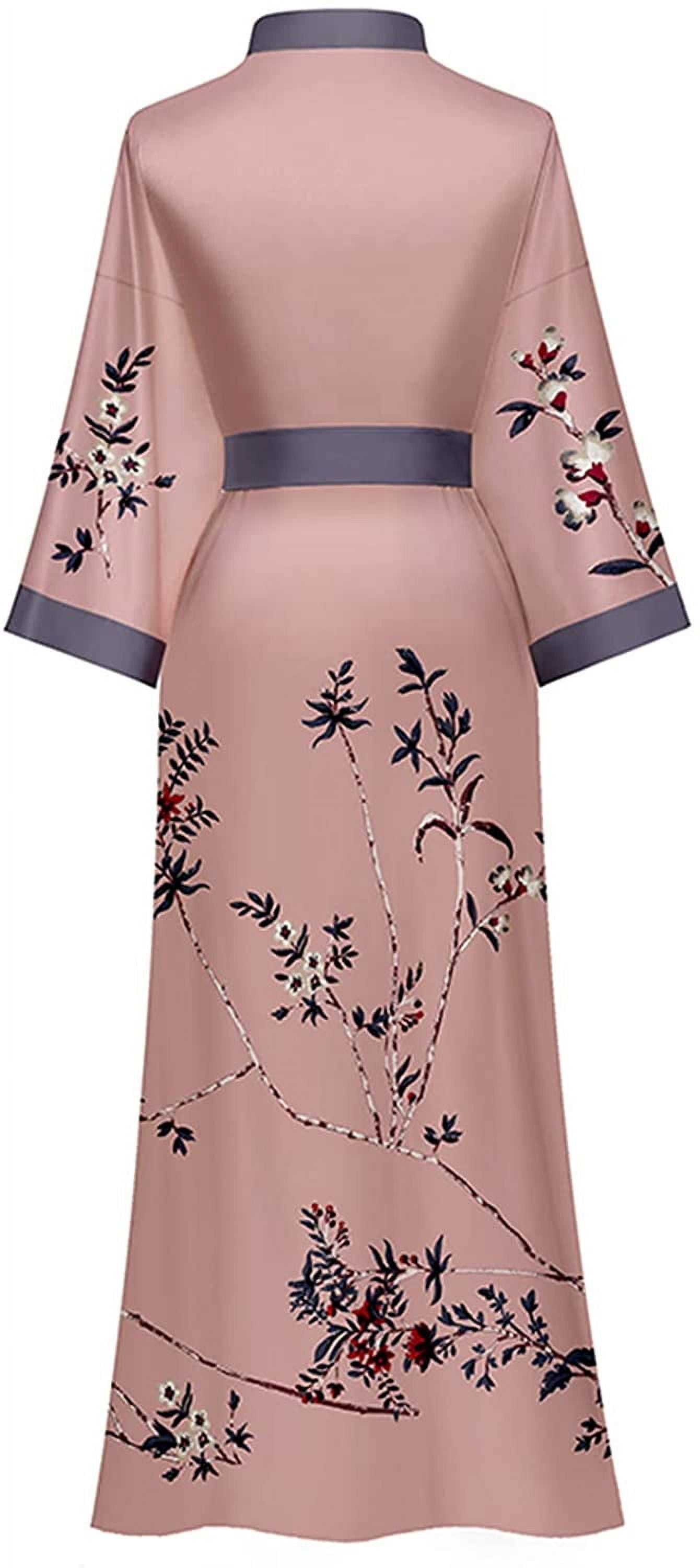 AMITOFO Women's Long Silky Satin Kimono Robe Floral Lightweight Loungewear (Pink, One Size) o0k6o