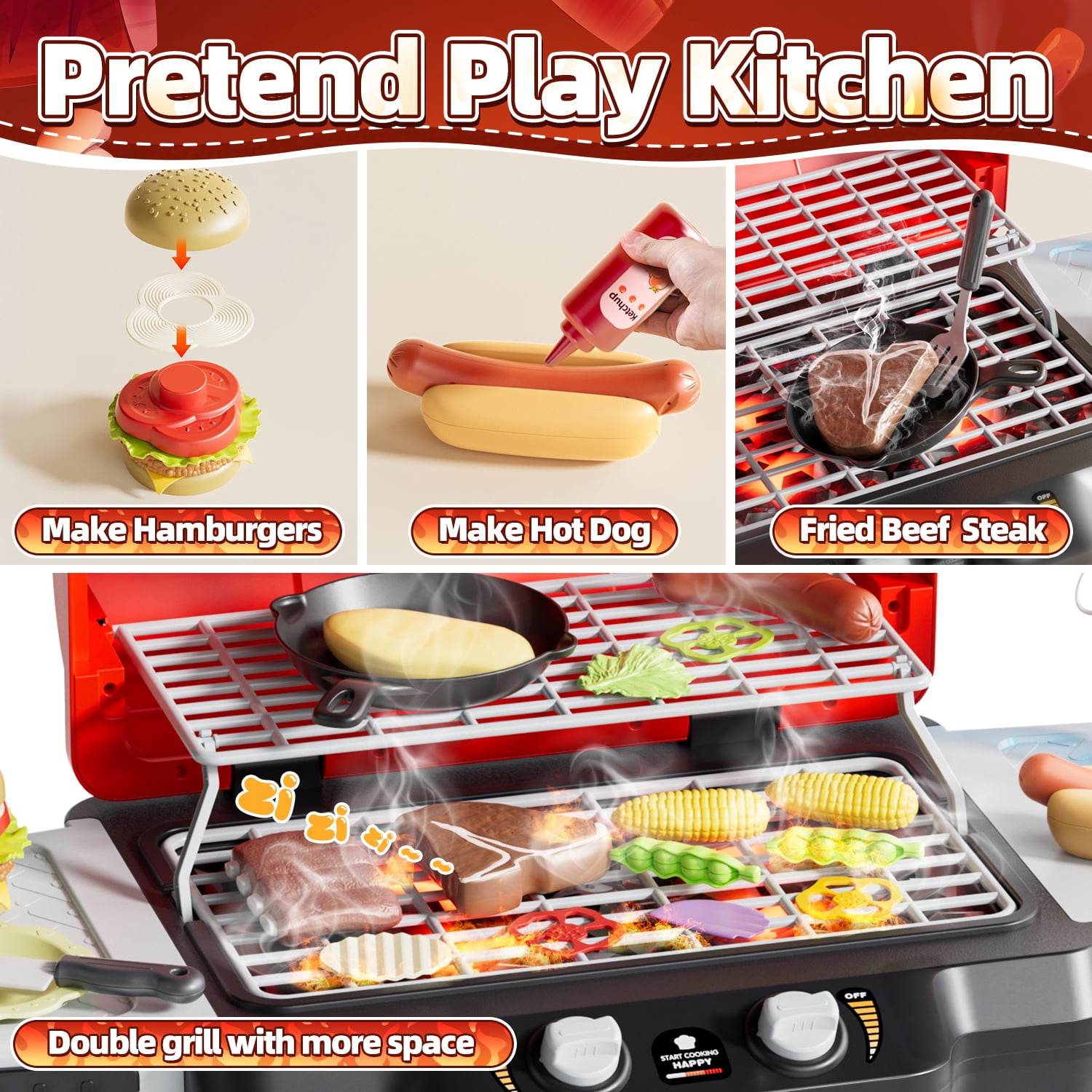 WonderStone BBQ Grill Playset for Kids, Interactive Kitchen Cooking Toy with Realistic Smoke and Sound Effects (Black, 36 Pieces) uwfqu