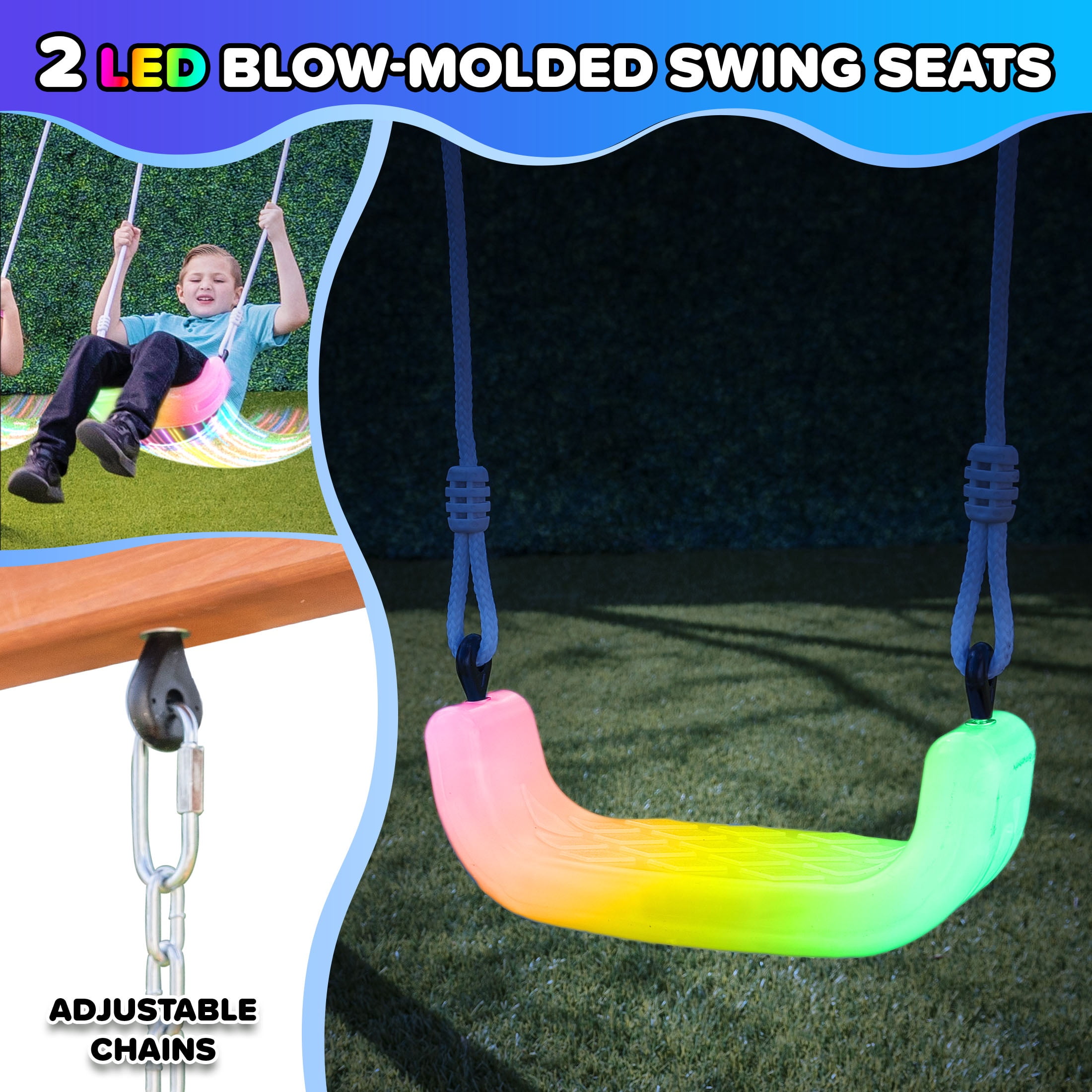 Sportspower Addison Twinkle Wooden Swing Set with LED Swings, Rock Wall, and Slide (Blue, 1 Set) 51f3i