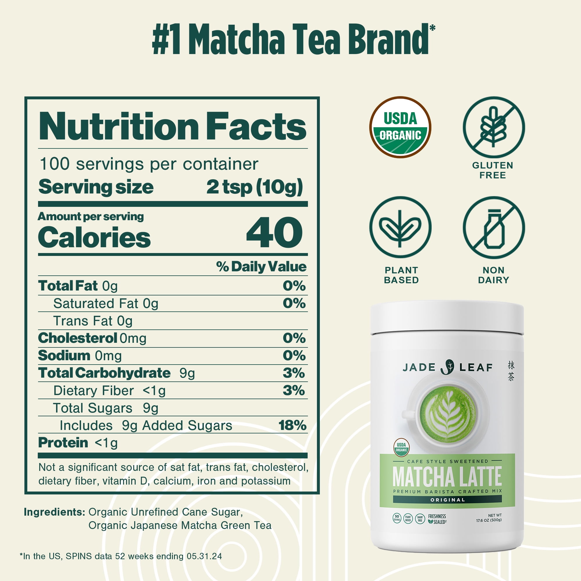 Jade Leaf Organic Matcha Latte Mix, Dairy-Free Green Tea Powder, Cafe-Style Drink Blend (Green, 17.6 oz) 180mr