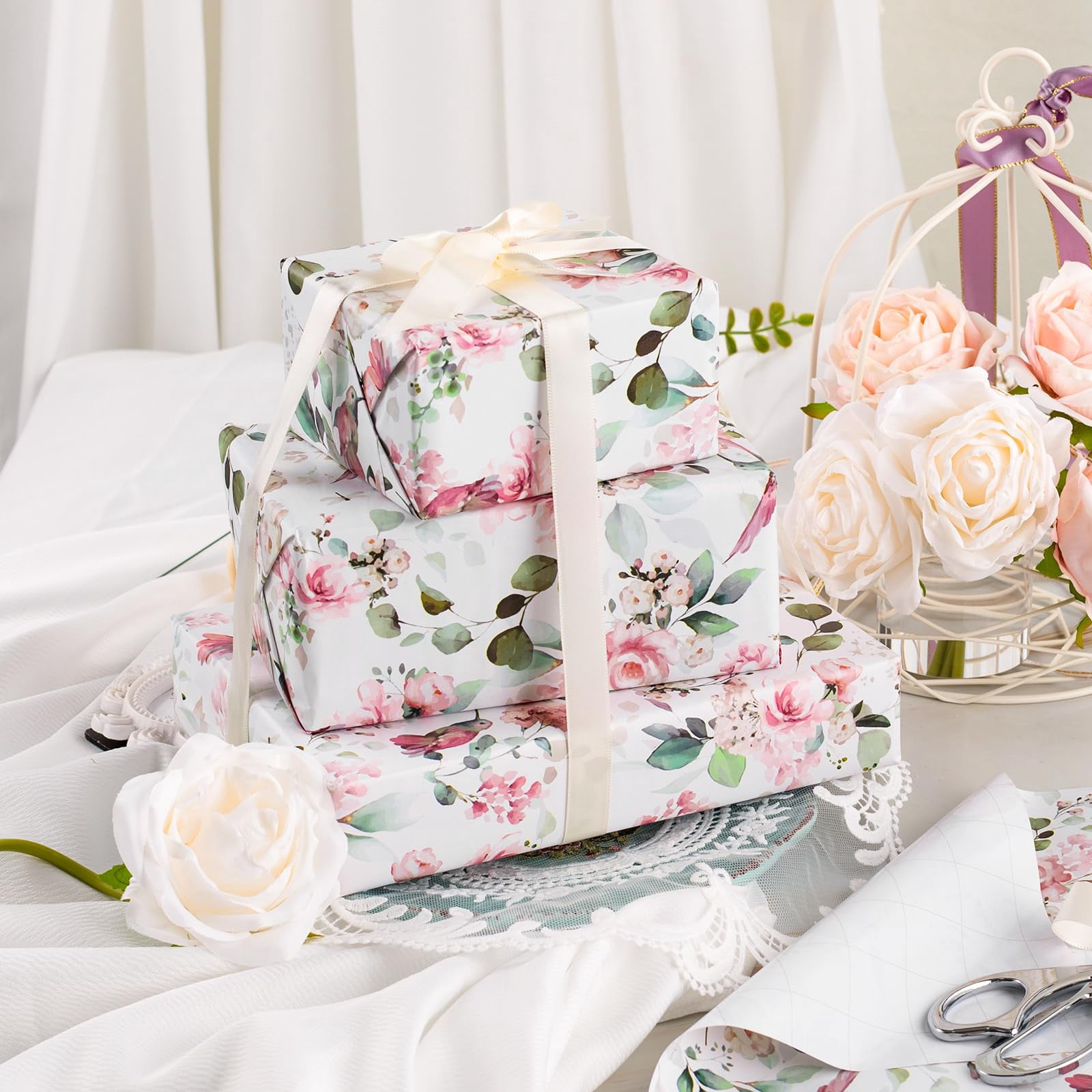 HOMERAL Floral Gift Wrapping Paper Roll - Romantic Pink Bird Design for Birthdays and Weddings (Pink, 17 in x 33 ft) mlgka