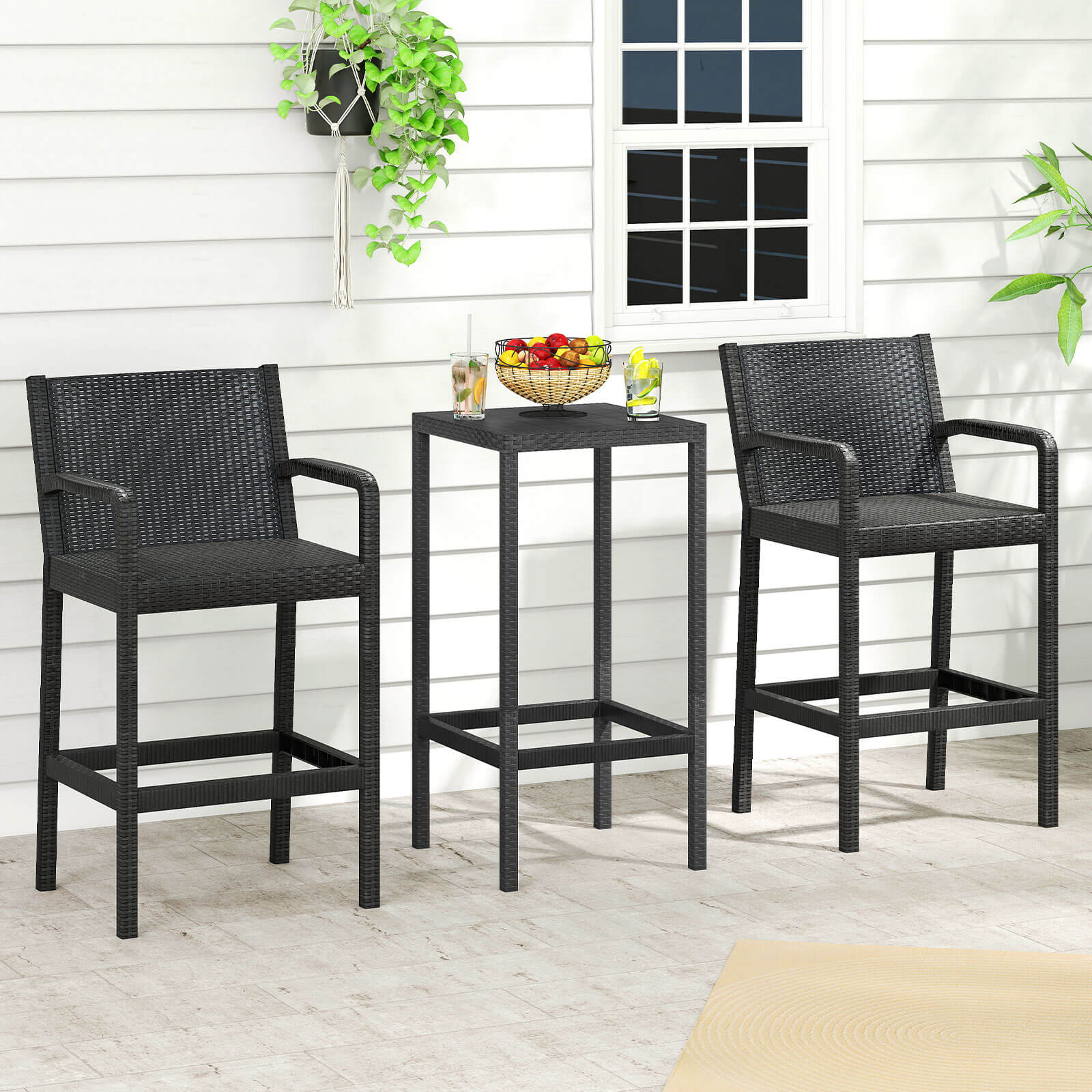 Costway 3-Piece Patio Bar Set with 2 Stools and 1 Bar Table (Black, 3-Piece Set) lf7dt