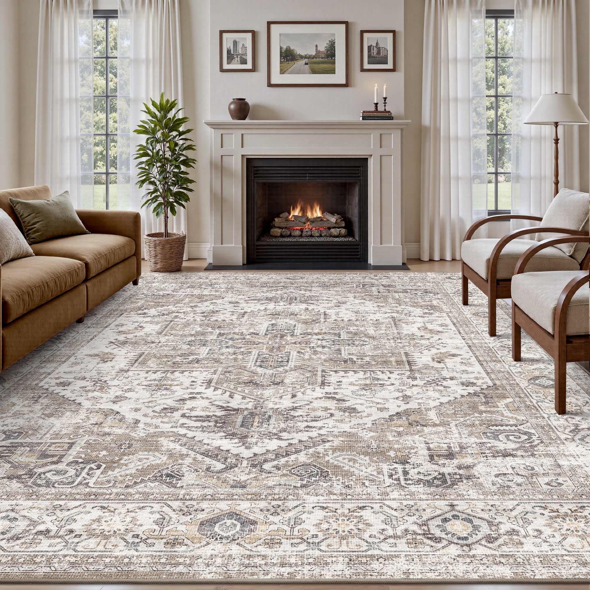 SIXHOME Washable Area Rug Vintage Medallion Distressed Carpet for Living Room and Bedroom (Taupe, 8 ft x 10 ft) 55bux