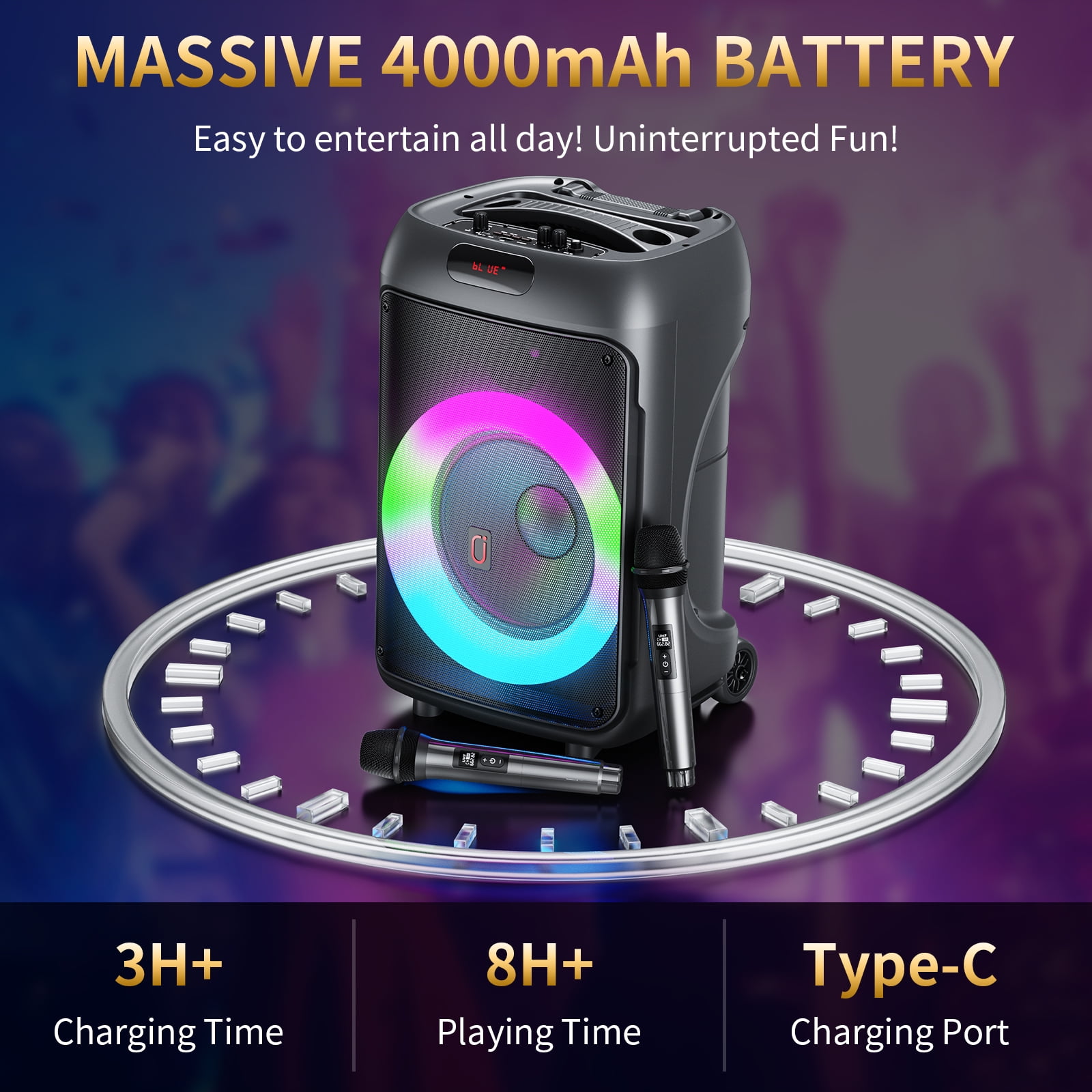 JYX Portable Party Speaker, 120W Wireless Bluetooth Speaker with Dual Subwoofers, Karaoke System with 2 Microphones and Wheels (Black) 9r5hu