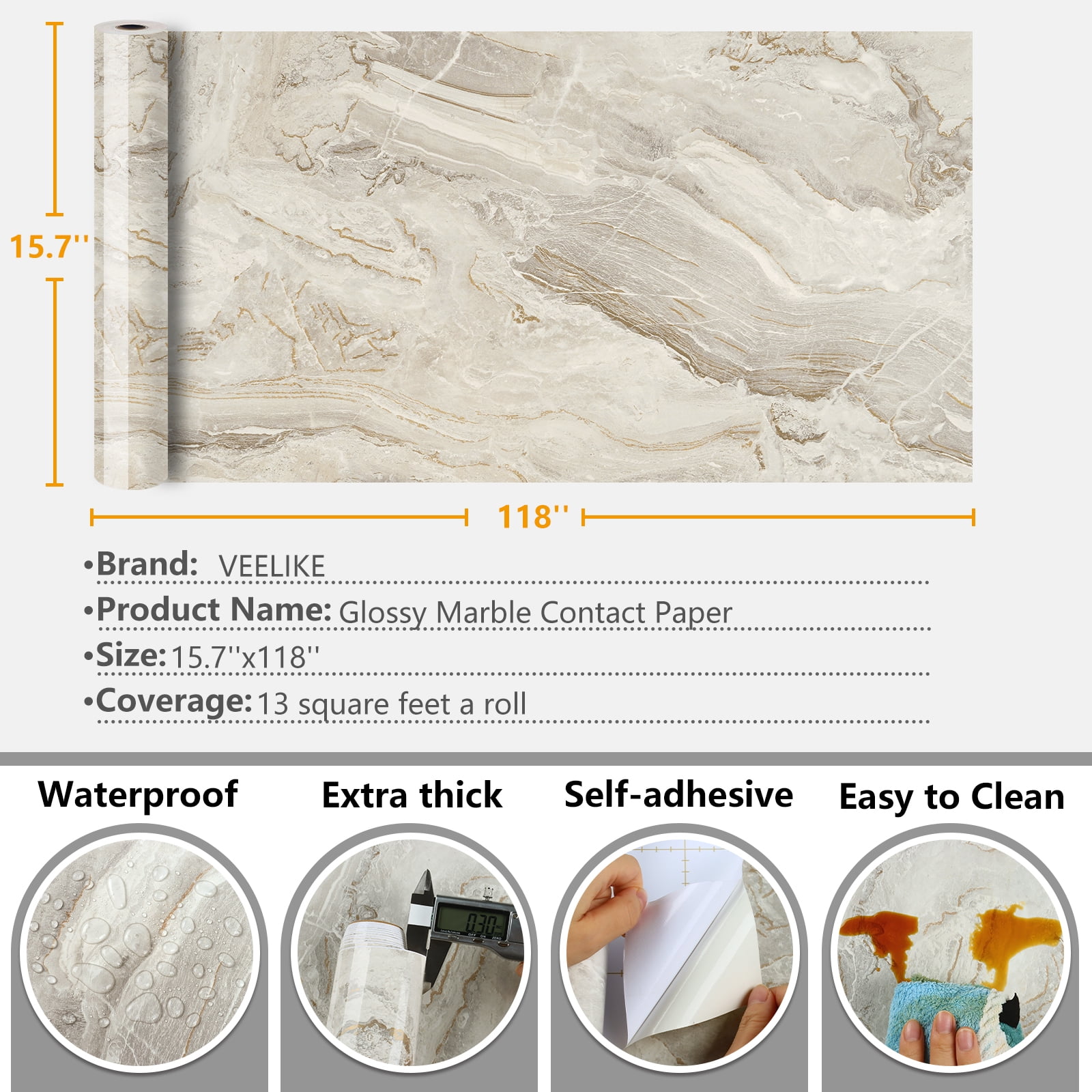 VEELIKE Marble Peel and Stick Contact Paper for Countertops, Waterproof Vinyl Film for Kitchen and Furniture (Beige Gold, 15.7 in x 118.1 in) 579fn