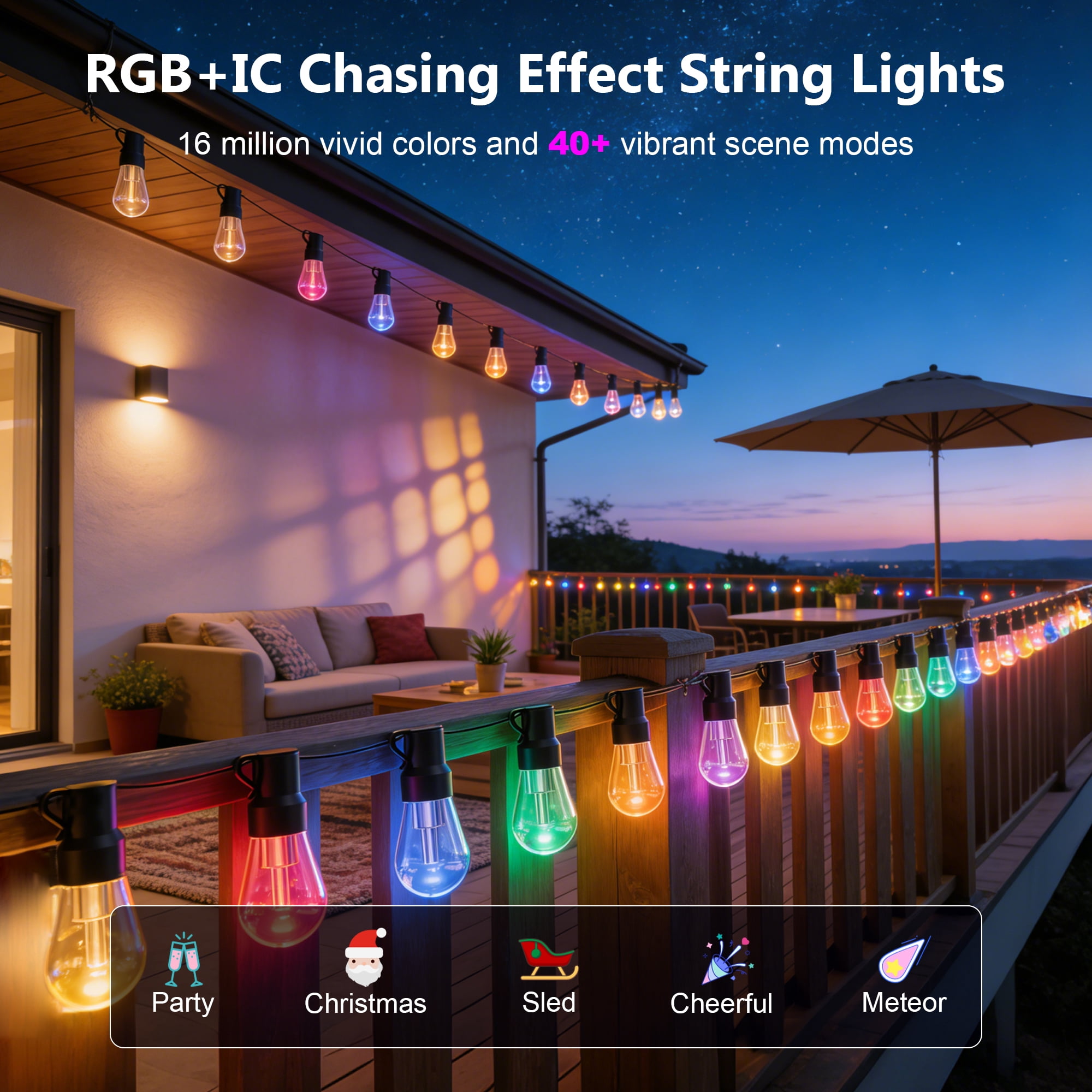Beizelte RGB LED Outdoor String Lights, Dimmable Waterproof Chasing Color Patio Lighting with App Control (Multicolor, 150 ft) 5e2em