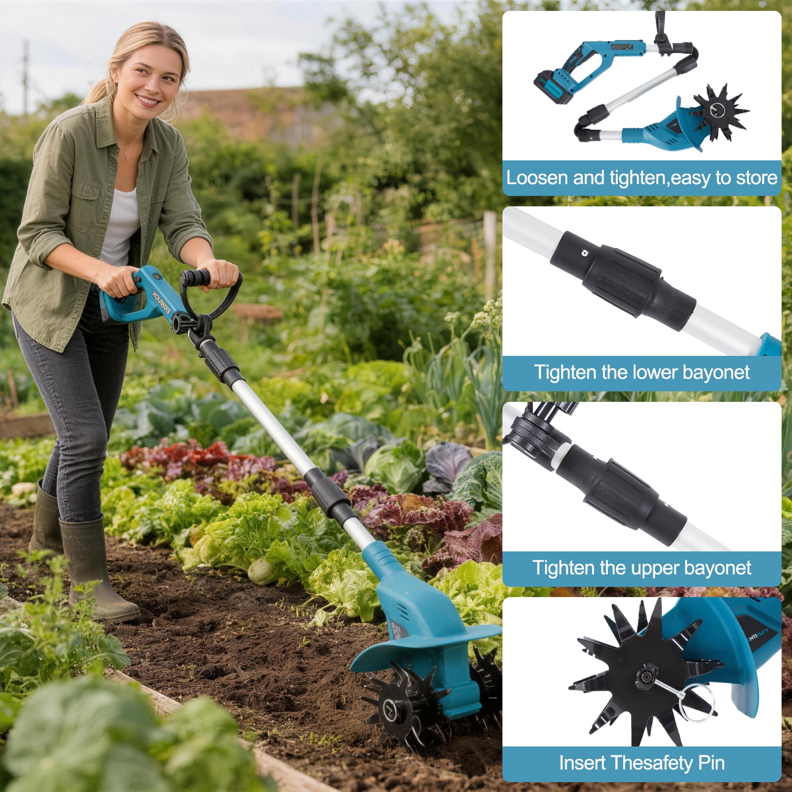 LZNIOZ Cordless Electric Garden Tiller Cultivator with Dual 4.0Ah Batteries (7.9 in Width, 5.9 in Depth) ftixh