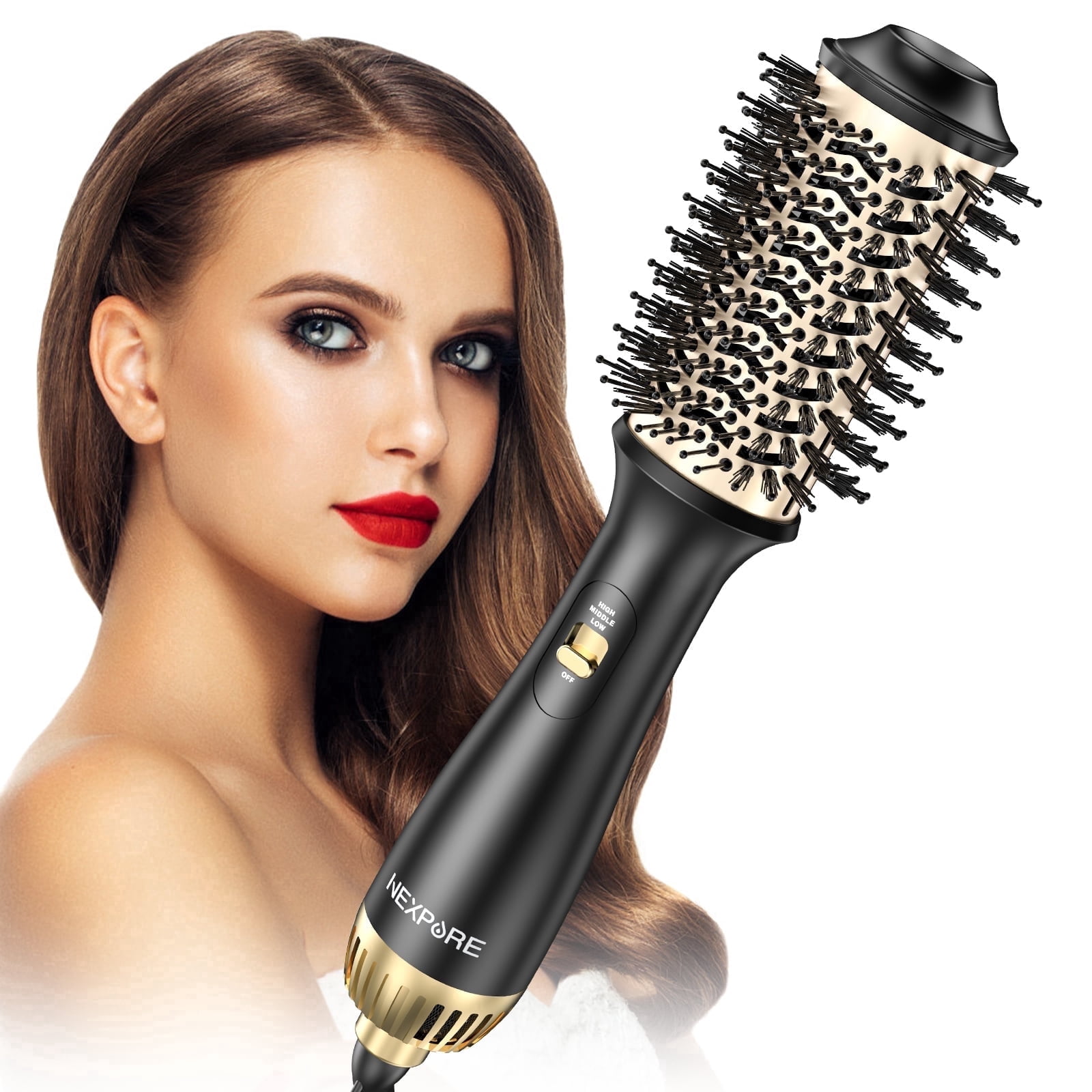 NEXPURE 4-in-1 Hot Air Brush Hair Dryer with Negative Ion Ceramic Titanium Barrel (Gold, 1 Unit) ko0dd